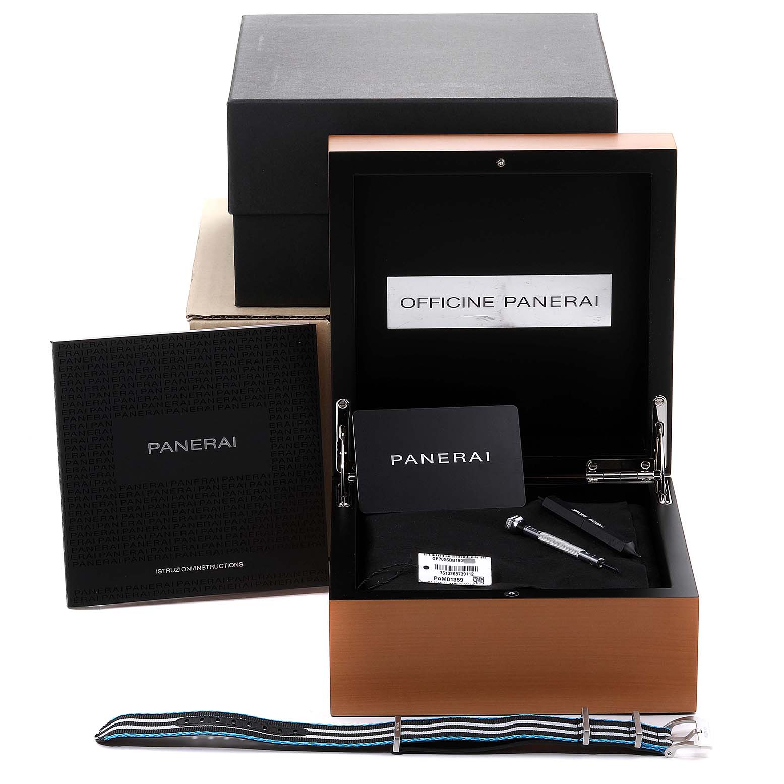 The image shows the packaging and accessories of a Panerai Luminor PAM01359 Men's Stainless Steel Black Dial PAM01359 Men's Stainless Steel Black Dial watch, including the box, manual, strap, and tools.