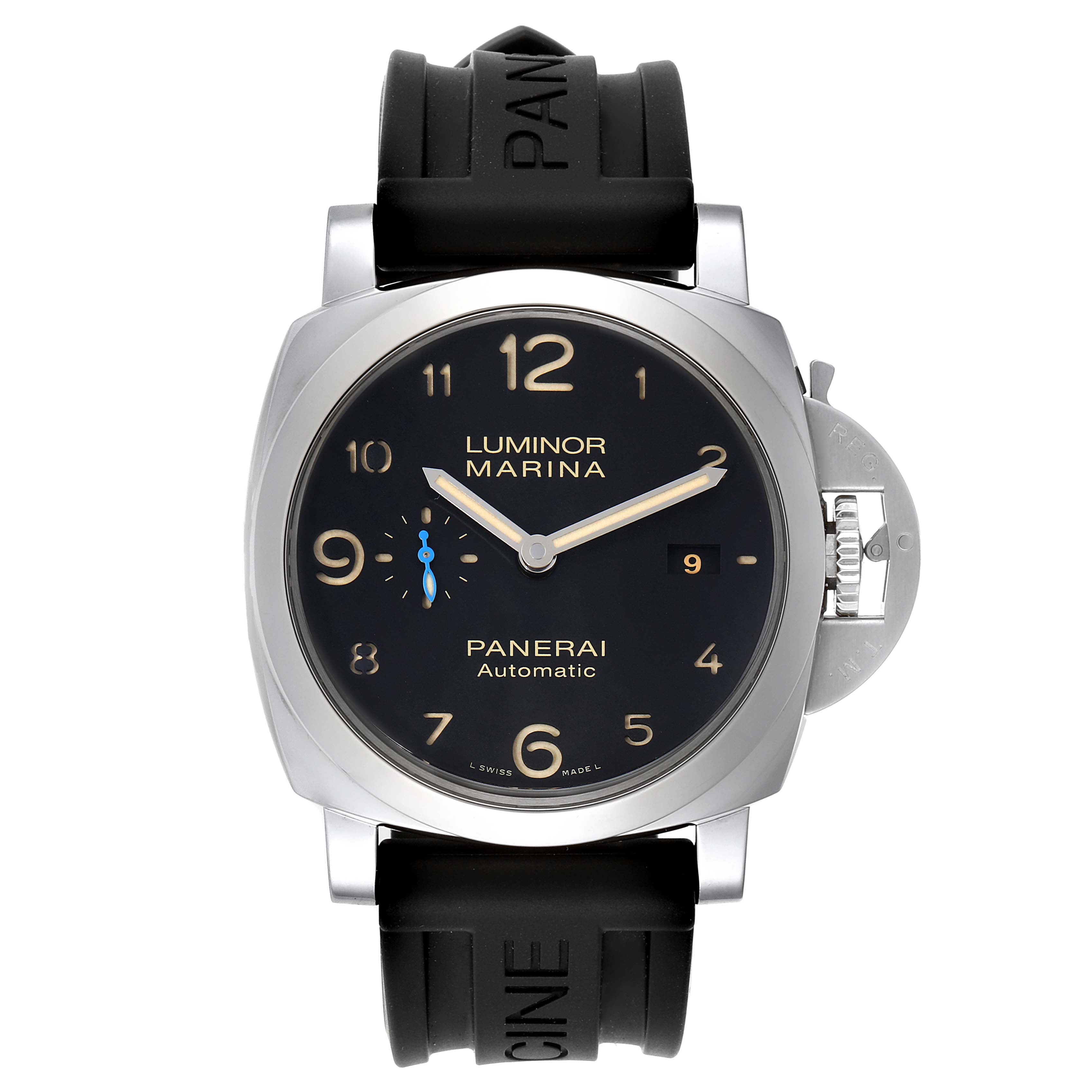 The image shows a front view of a Panerai Luminor PAM01359 Men's Stainless Steel Black Dial PAM01359 Men's Stainless Steel Black Dial Marina watch, displaying its black dial, date window, and rubber strap.