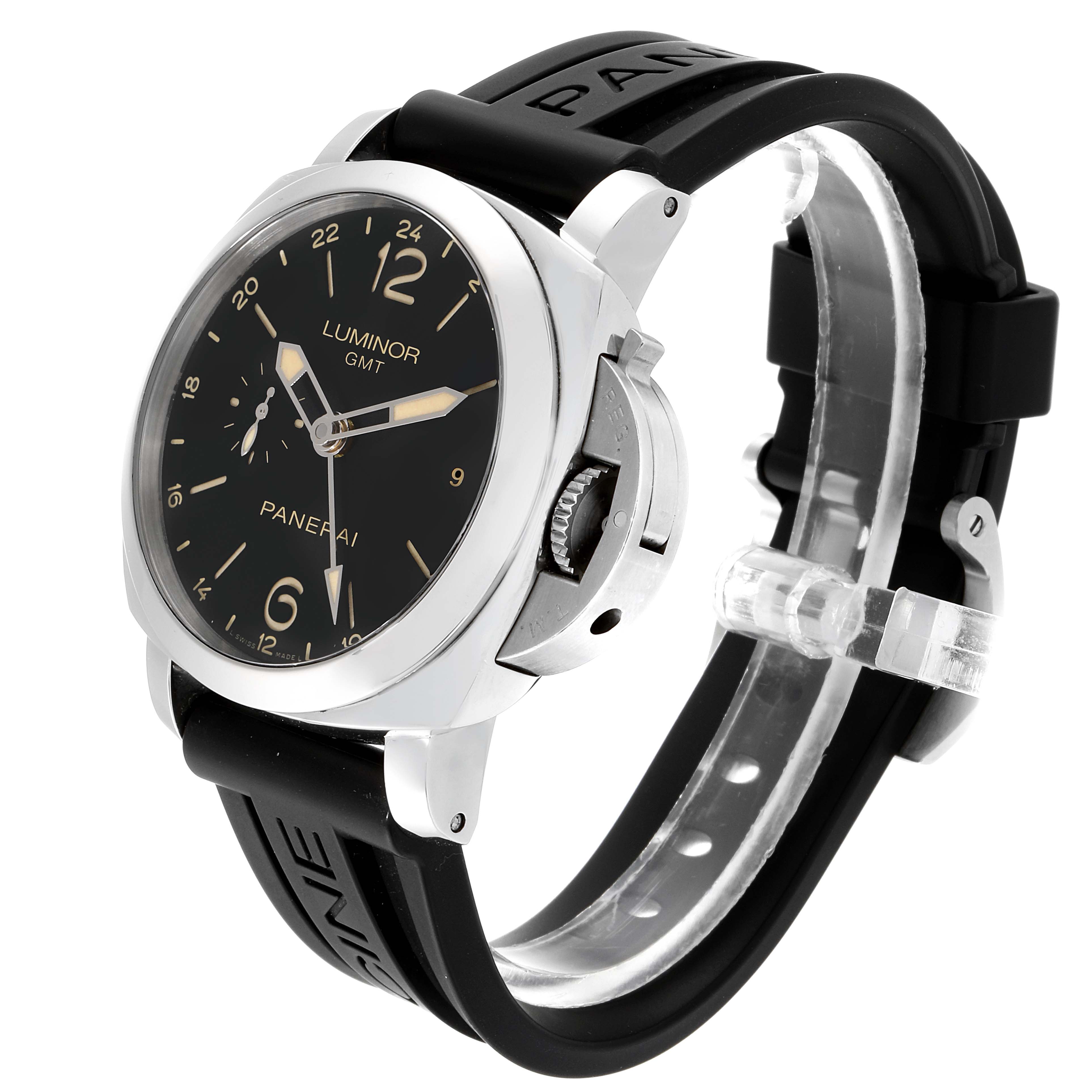 The Panerai Luminor PAM00531 Men's Stainless Steel Black Dial PAM00531 Men's Stainless Steel Black Dial watch is shown at a three-quarter angle, highlighting the black dial, case, crown guard, and black rubber strap.