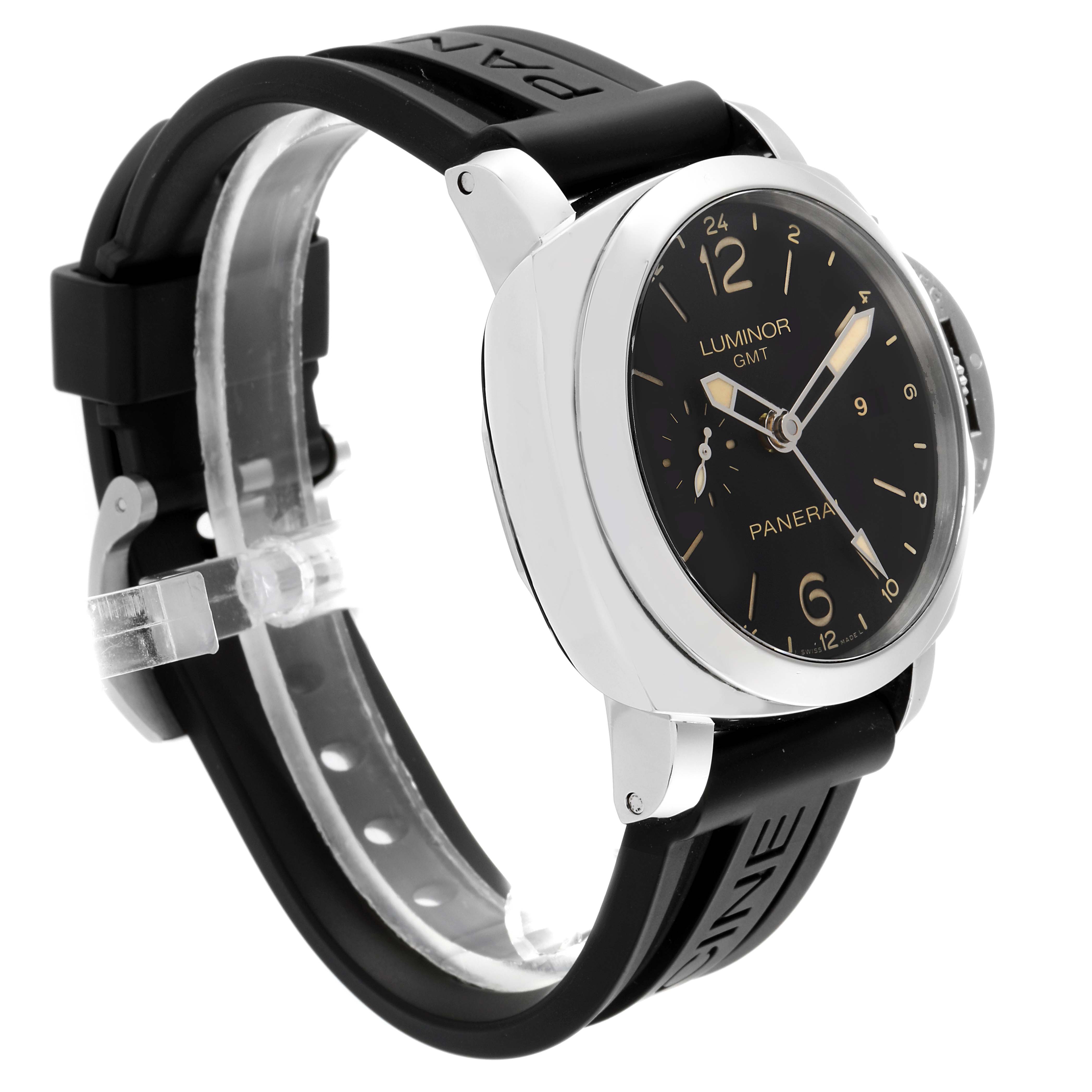 The image shows a Panerai Luminor PAM00531 Men's Stainless Steel Black Dial PAM00531 Men's Stainless Steel Black Dial model watch from a front side angle, highlighting the case, dial, and rubber strap.