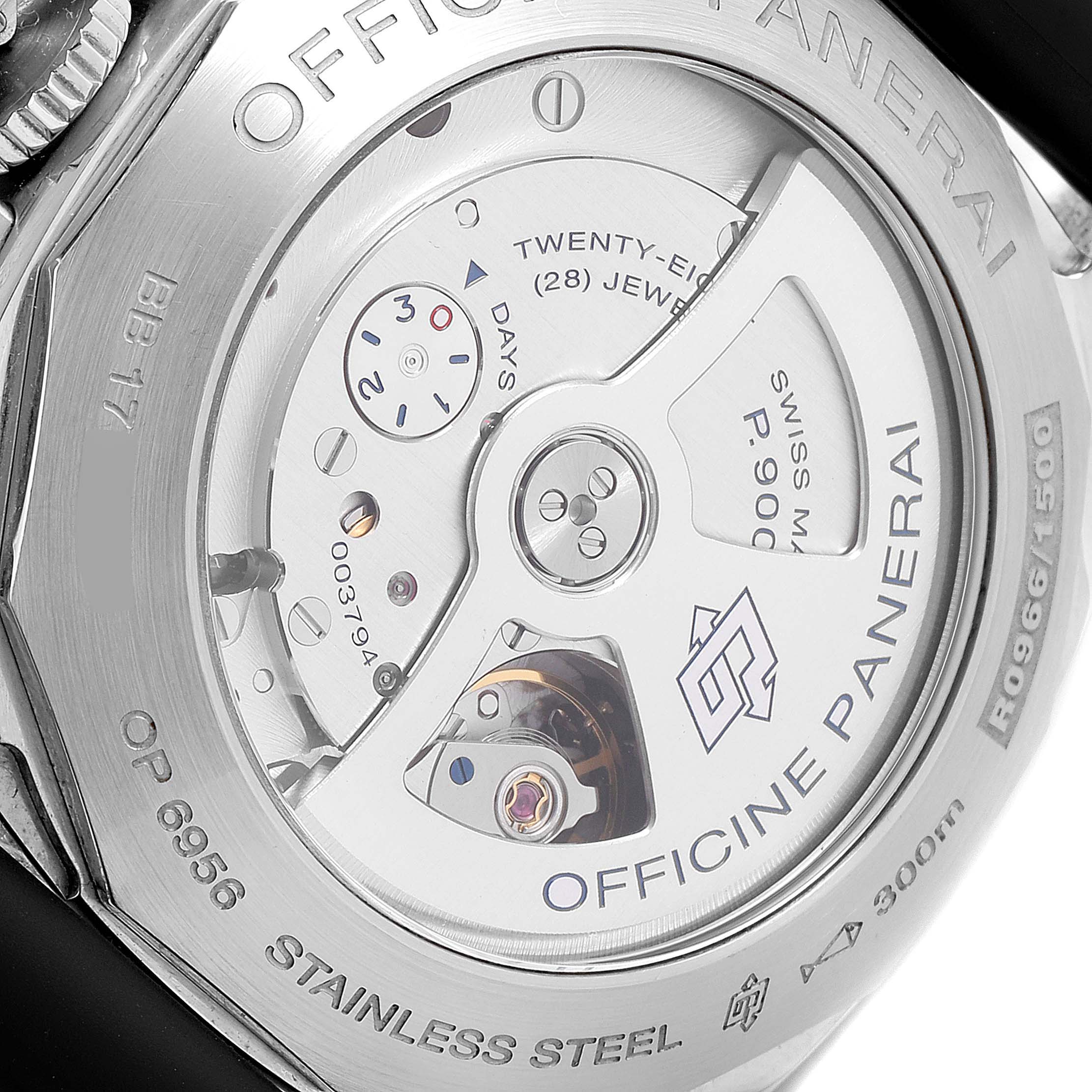 This image shows the back view of a Luminor model by Panerai, highlighting the watch's inner mechanical movements and markings.