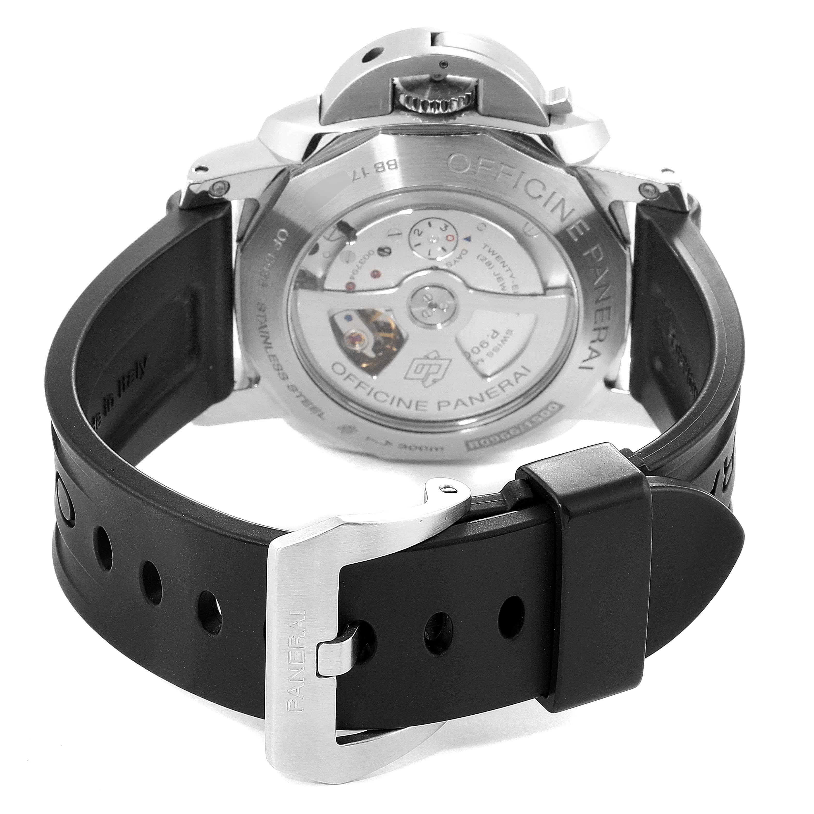 The image shows the back view of a Panerai Luminor PAM00531 Men's Stainless Steel Black Dial PAM00531 Men's Stainless Steel Black Dial watch, highlighting the case back and black rubber strap with buckle.