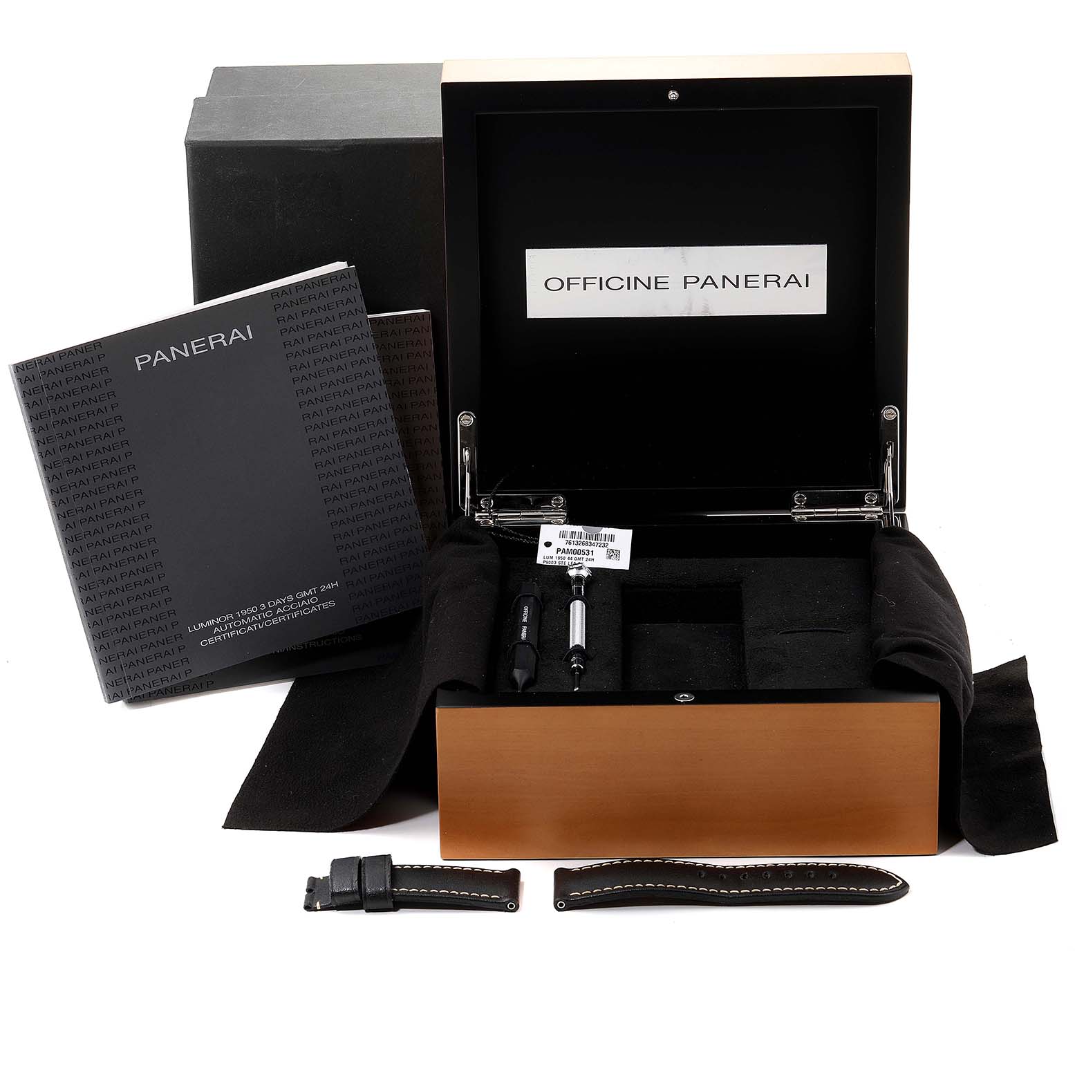 The image shows a Panerai Luminor PAM00531 Men's Stainless Steel Black Dial PAM00531 Men's Stainless Steel Black Dial watch's packaging, manuals, tools, and extra straps from a front angle.