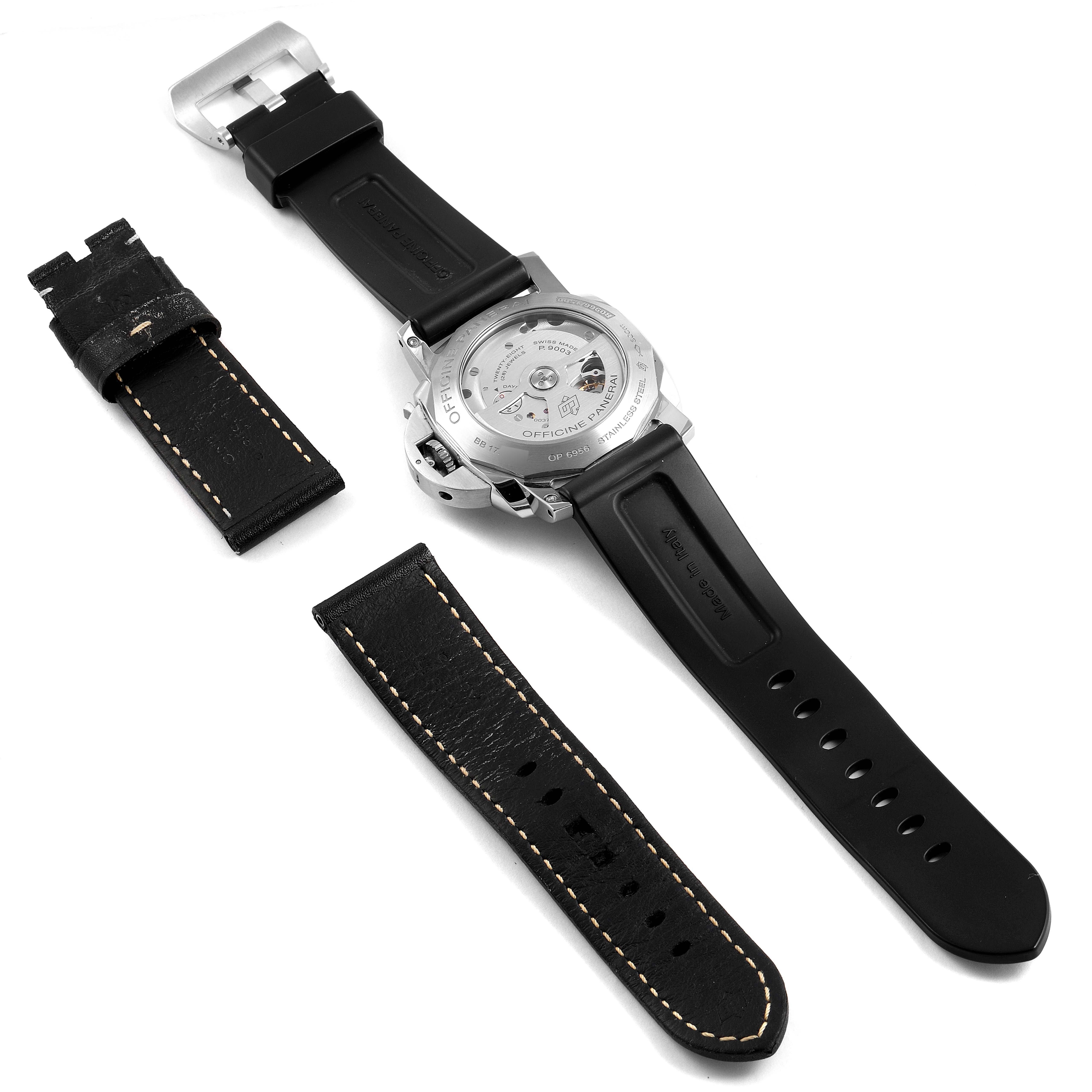 The image shows the back view of a Panerai Luminor PAM00531 Men's Stainless Steel Black Dial PAM00531 Men's Stainless Steel Black Dial watch with interchangeable straps.