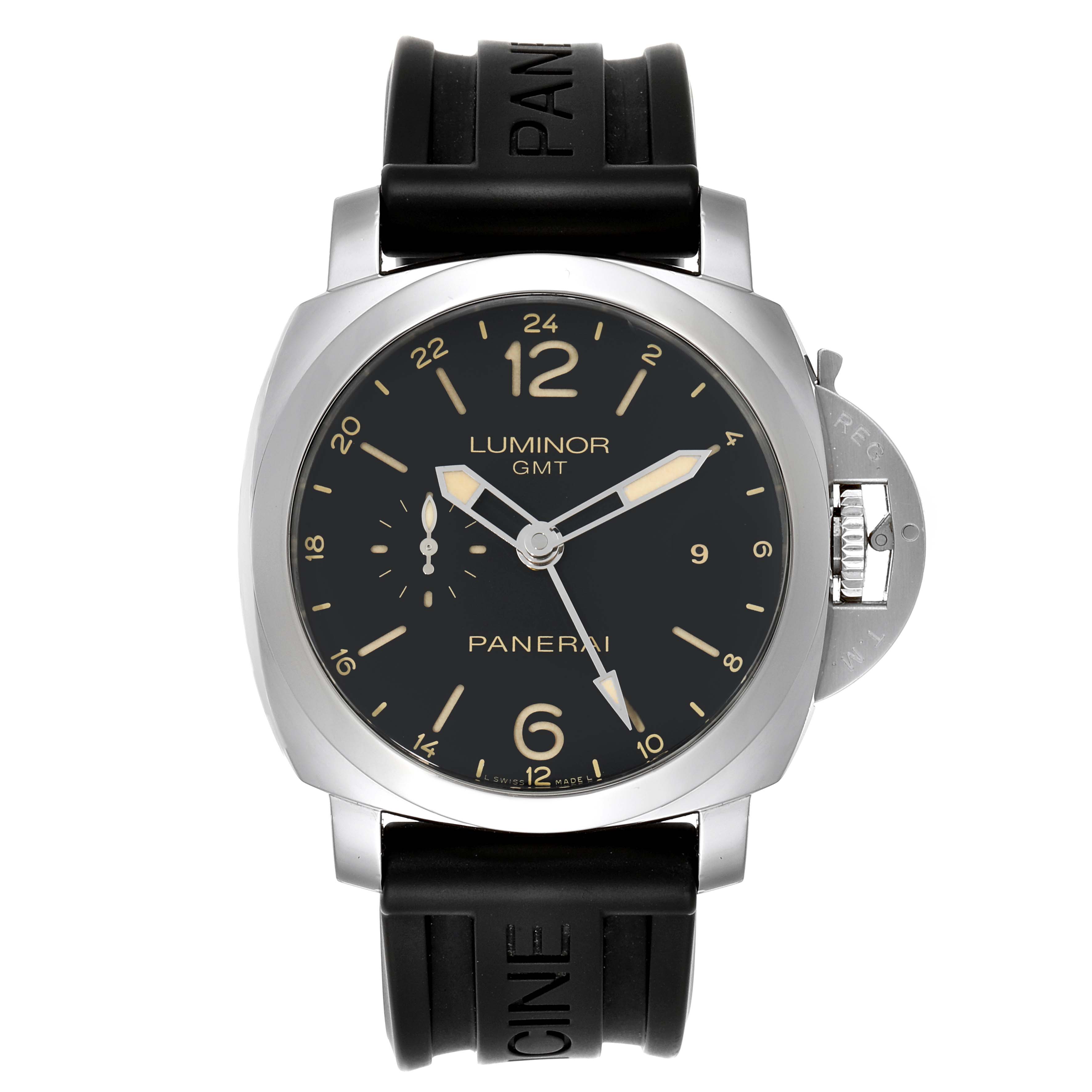 The image shows a front angle of a Panerai Luminor PAM00531 Men's Stainless Steel Black Dial PAM00531 Men's Stainless Steel Black Dial GMT watch, highlighting its black dial, case, crown guard, and black strap.