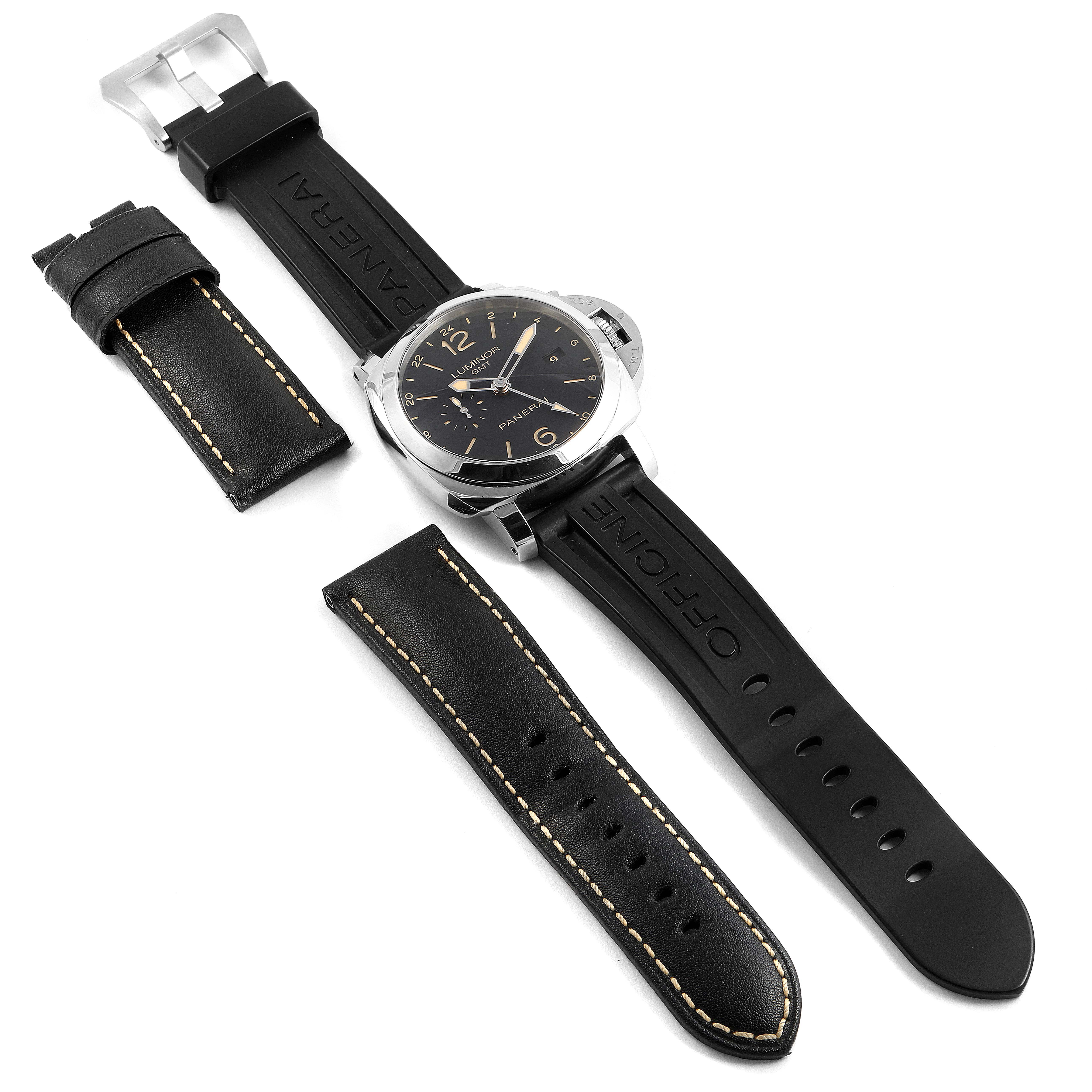 The image shows a Panerai Luminor PAM00531 Men's Stainless Steel Black Dial PAM00531 Men's Stainless Steel Black Dial watch flat with two additional strap pieces, one leather and one rubber.