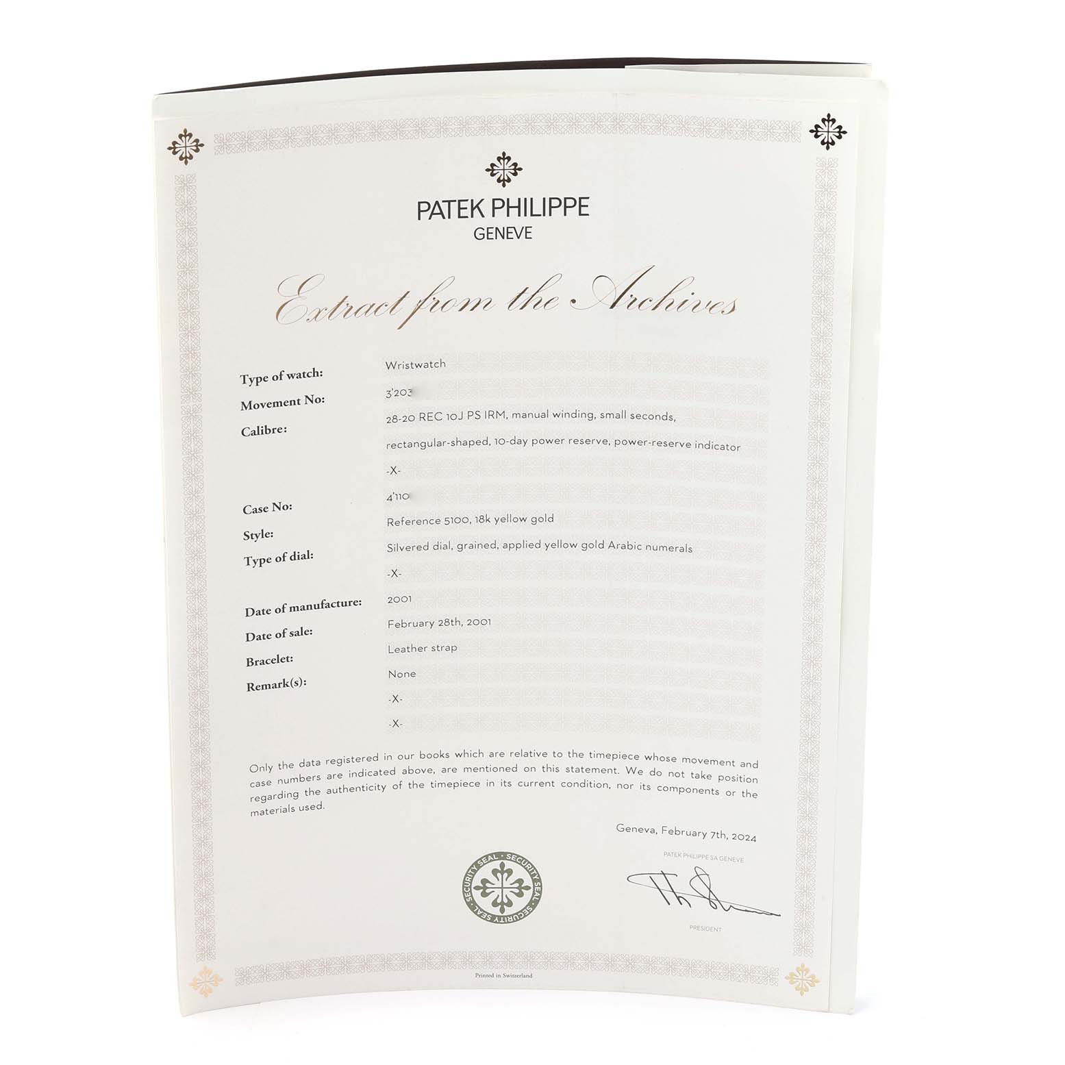 This image shows an "Extract from the Archives" document for the Patek Philippe Gondolo 5100J -001 Men's Yellow Gold Silver Dial 5100J -001 Men's Yellow Gold Silver Dial watch model.