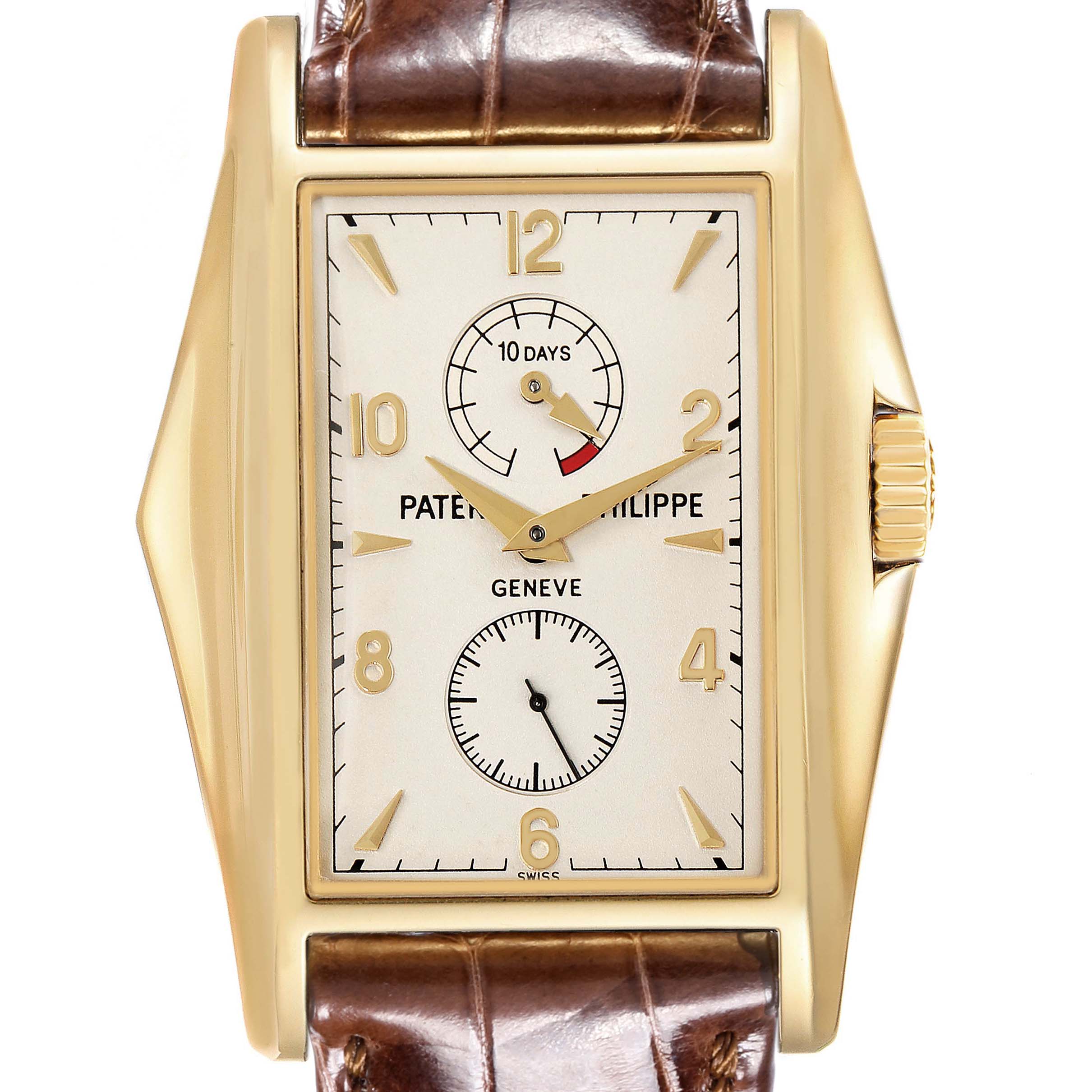 The image shows a front view of the Patek Philippe Gondolo 5100J -001 Men's Yellow Gold Silver Dial 5100J -001 Men's Yellow Gold Silver Dial watch, highlighting the dial, hands, casing, and brown leather strap.