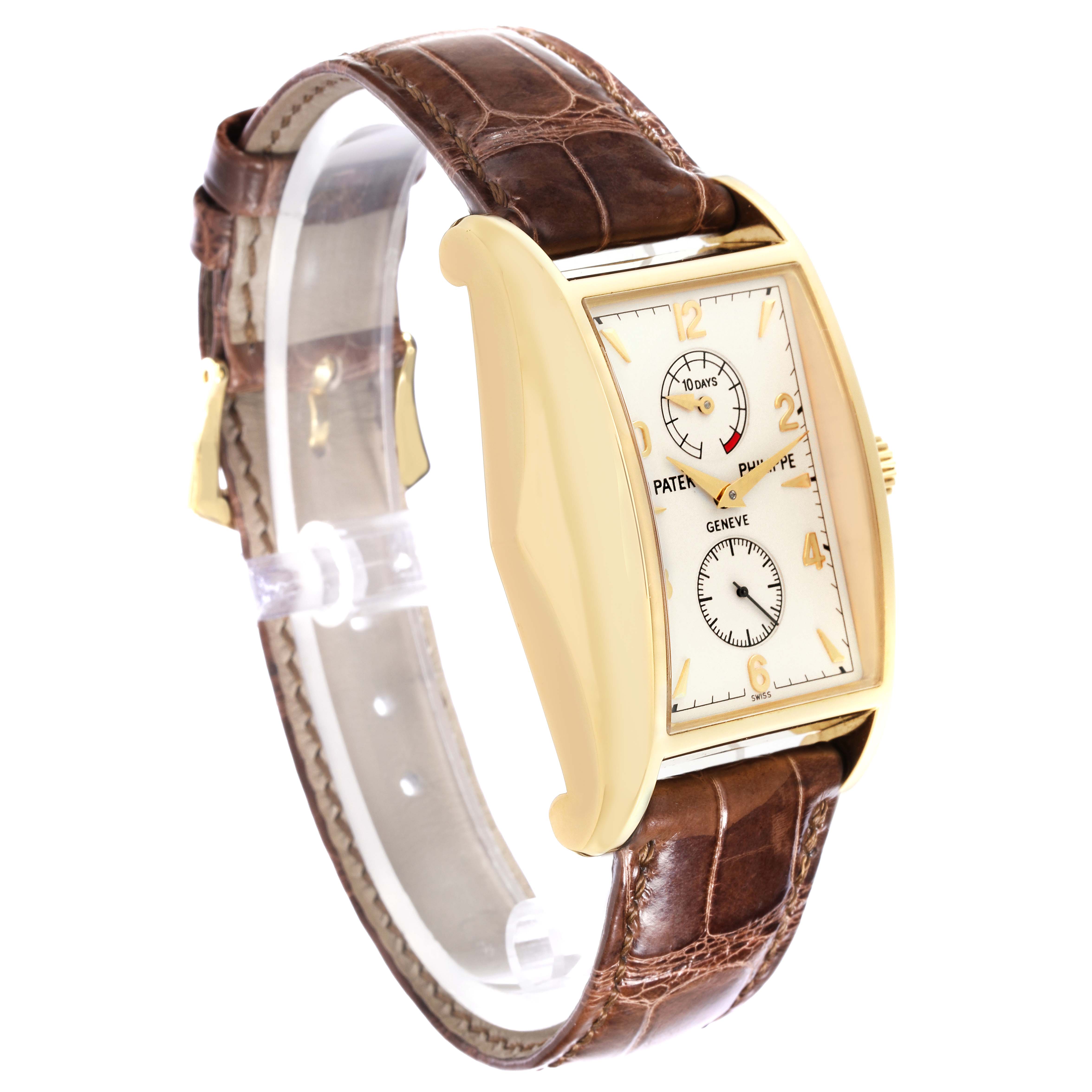 The image shows a Patek Philippe Gondolo 5100J -001 Men's Yellow Gold Silver Dial 5100J -001 Men's Yellow Gold Silver Dial watch from a left-side angle, highlighting its brown leather strap and rectangular dial.