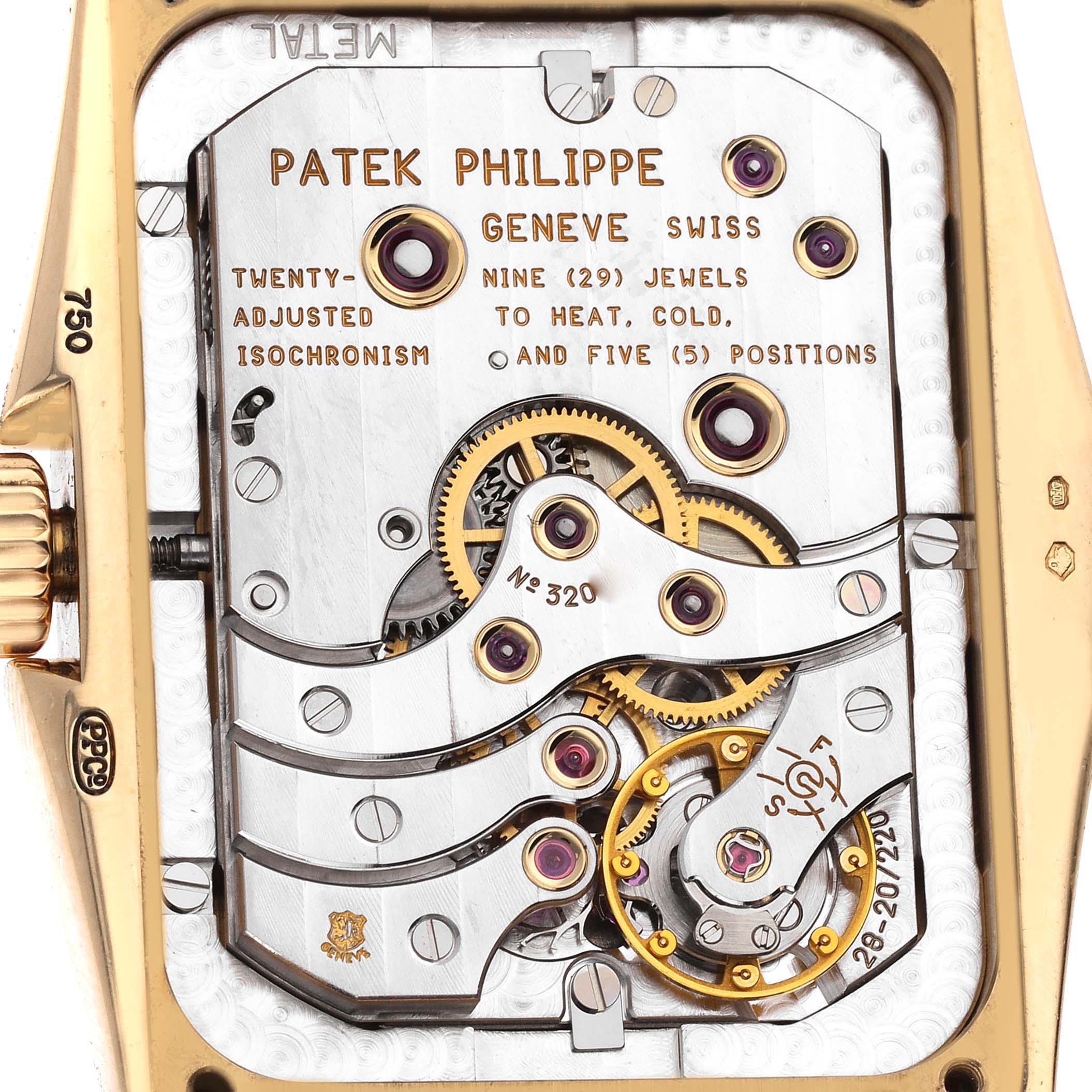 The image shows the movement mechanism of a Patek Philippe Gondolo 5100J -001 Men's Yellow Gold Silver Dial 5100J -001 Men's Yellow Gold Silver Dial watch from a close-up, top-down angle.