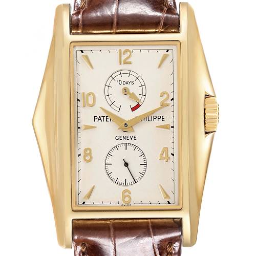 The image shows a front view of the Patek Philippe Gondolo watch, displaying its face and leather strap.