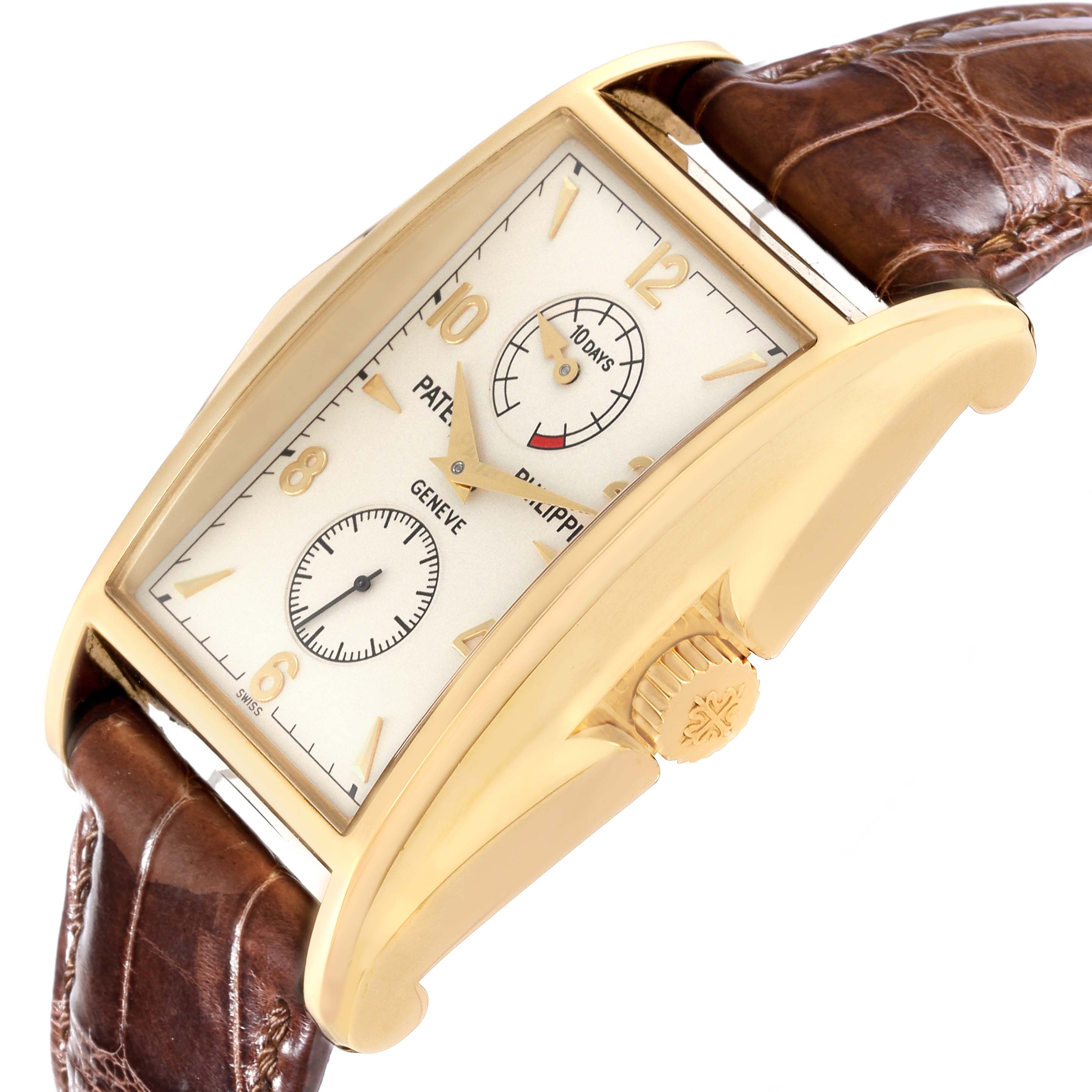 This is a Patek Philippe Gondolo 5100J -001 Men's Yellow Gold Silver Dial 5100J -001 Men's Yellow Gold Silver Dial watch displayed at an angled view showing the face, crown, and part of the leather strap.