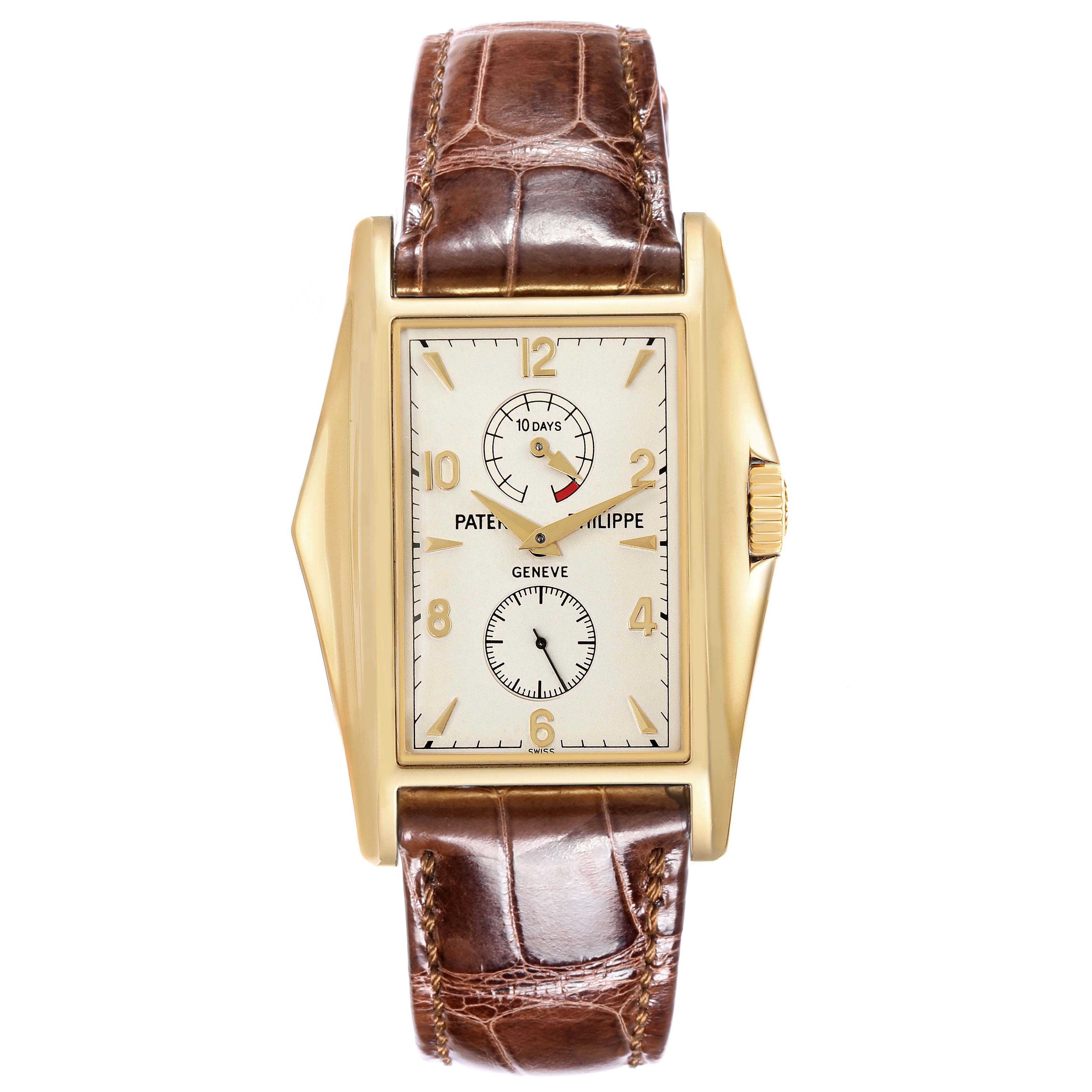 This Patek Philippe Gondolo 5100J -001 Men's Yellow Gold Silver Dial 5100J -001 Men's Yellow Gold Silver Dial watch is shown from a front angle, displaying its rectangular dial and brown leather strap.