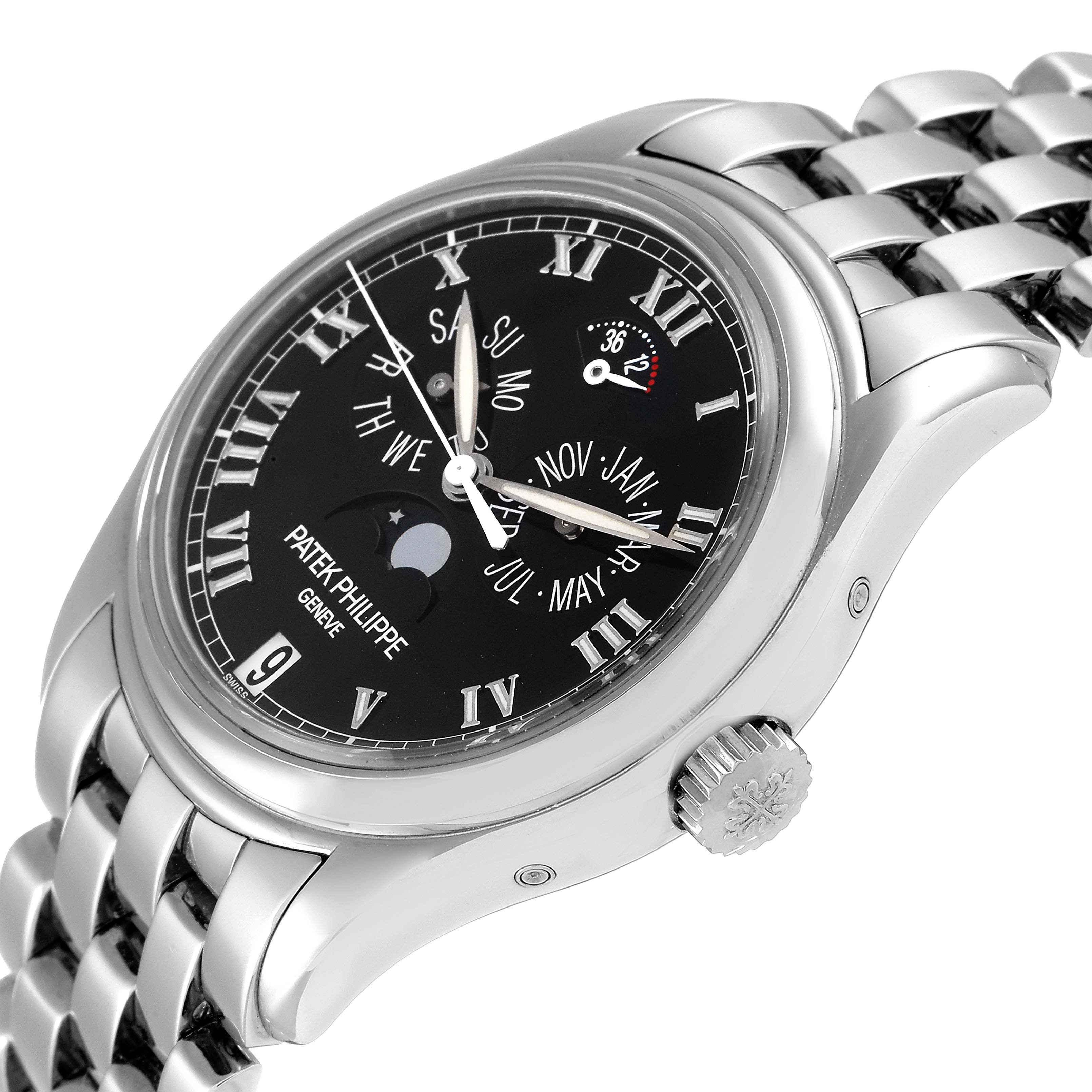 The image shows a side angle of the Patek Philippe 5036/1G Men
s White Gold Black Dial 5036/1G Men
s White Gold Black Dial Annual Calendar Moonphase White Gold Men
s Watch 5036, highlighting the dial and crown.