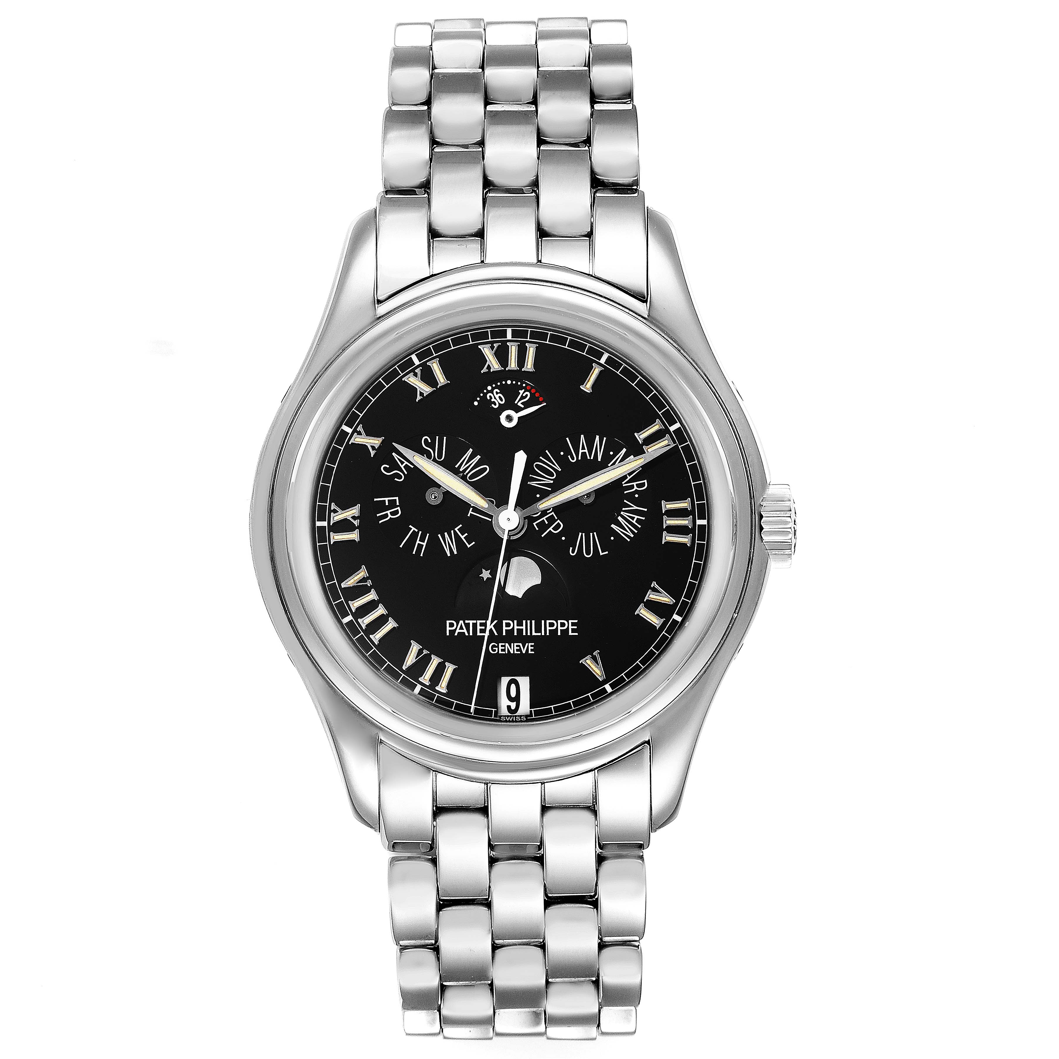 This image shows a front view of the Patek Philippe 5036/1G Men
s White Gold Black Dial 5036/1G Men
s White Gold Black Dial Annual Calendar Moonphase White Gold Mens Watch 5036 model, including the dial and bracelet.