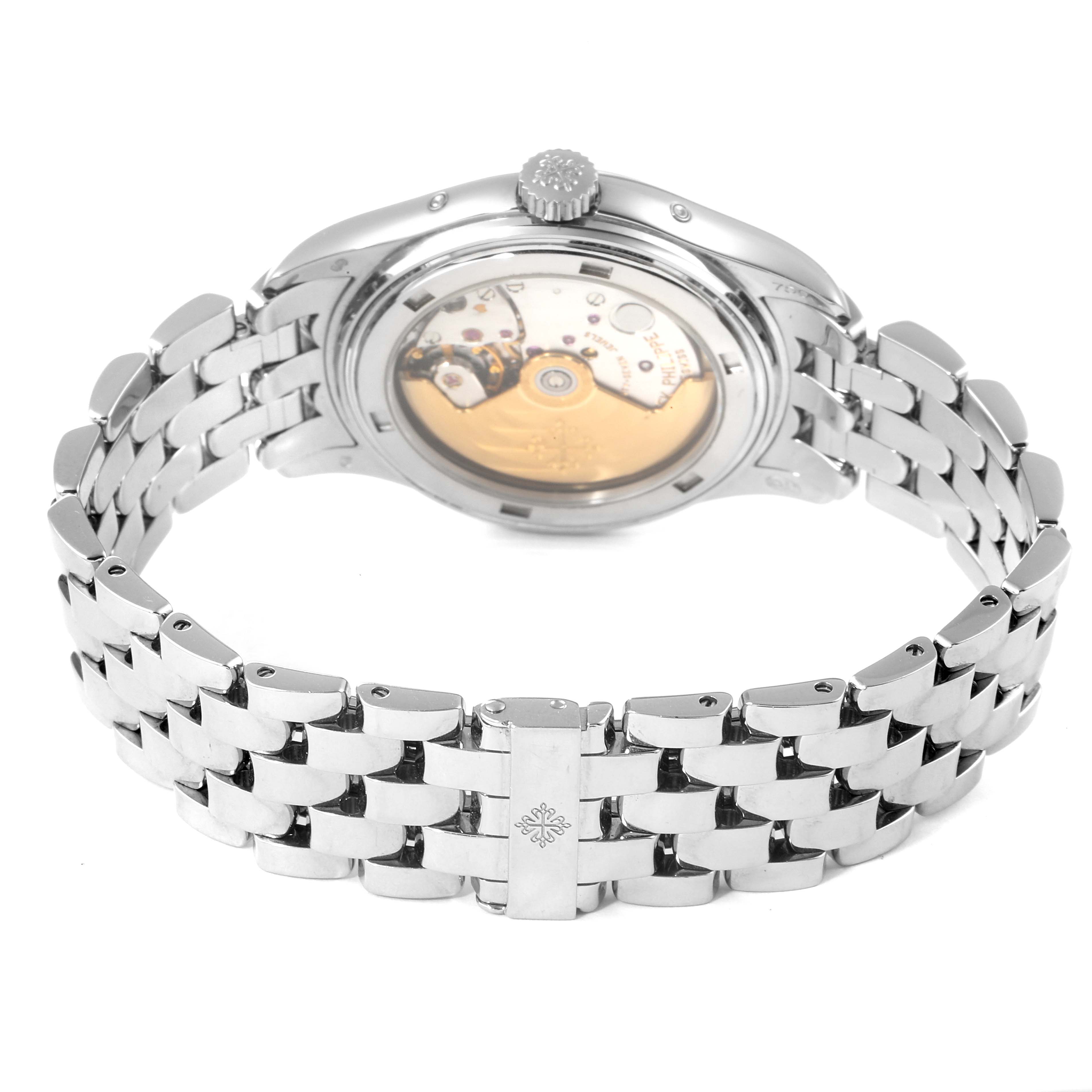 The image shows the back view of the Patek Philippe 5036/1G Men
s White Gold Black Dial 5036/1G Men
s White Gold Black Dial Annual Calendar Moonphase White Gold Men
s Watch 5036, highlighting the movement and bracelet.