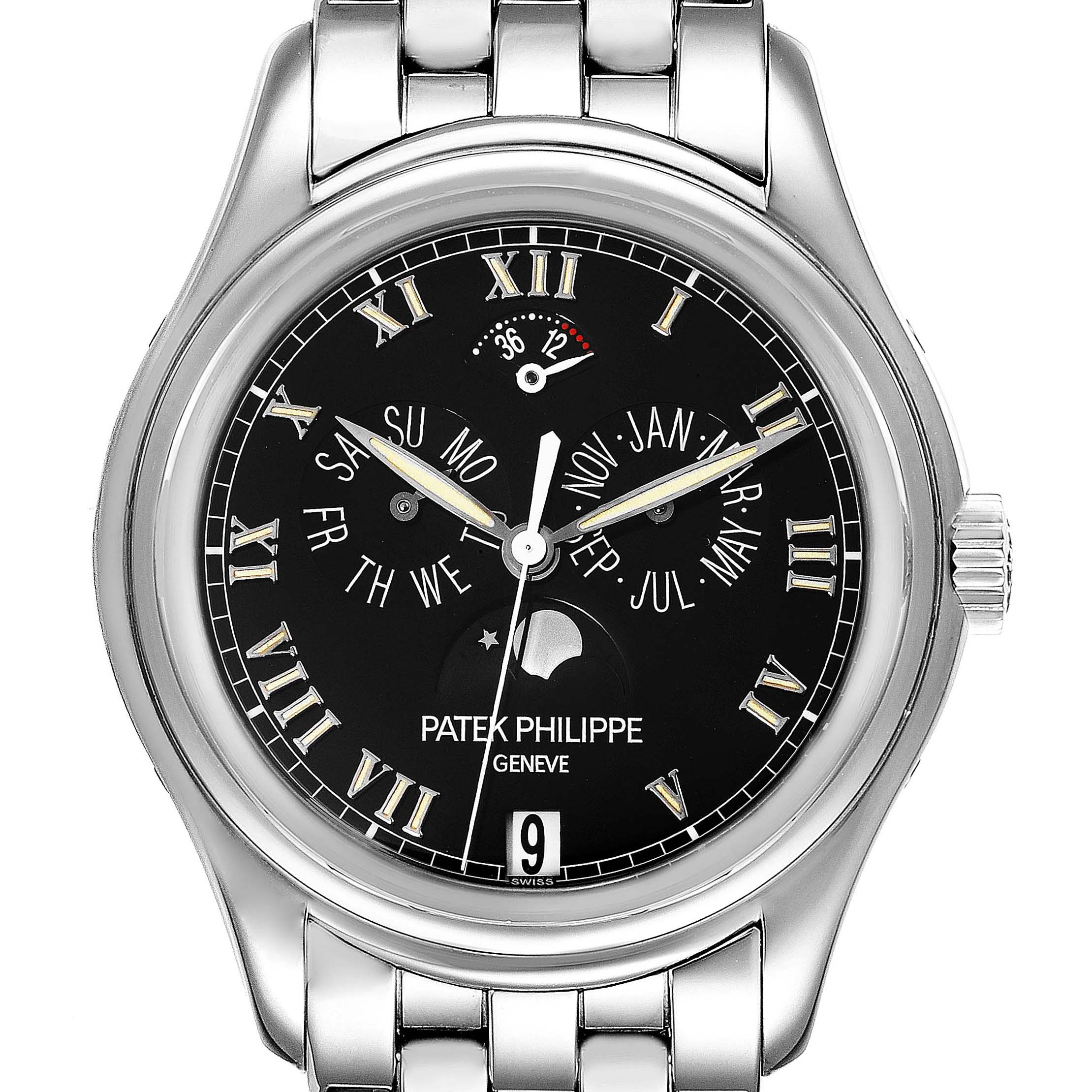 The image shows a front view of a Patek Philippe 5036/1G Men
s White Gold Black Dial 5036/1G Men
s White Gold Black Dial Annual Calendar Moonphase White Gold Men
s Watch 5036 model.