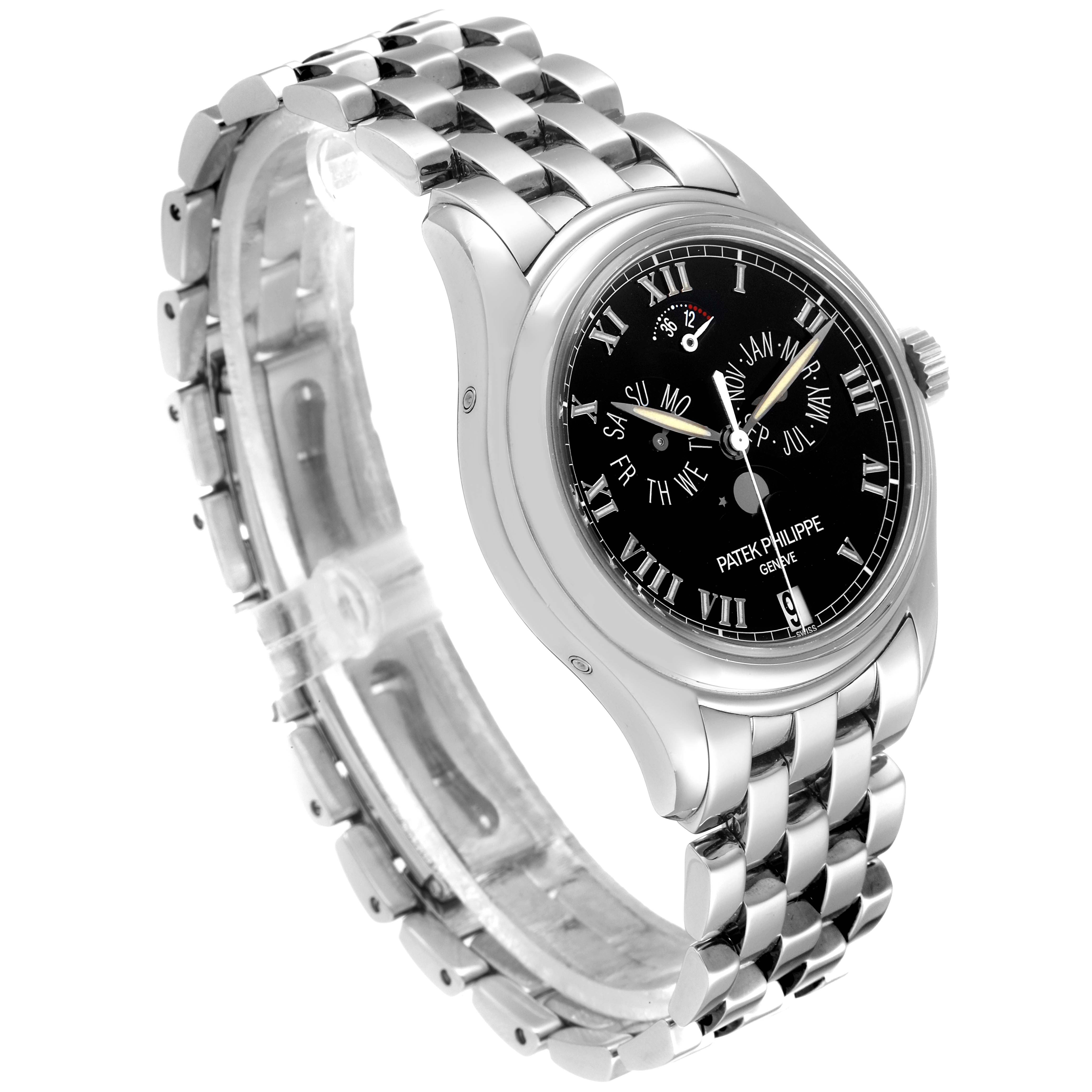 The image shows a Patek Philippe 5036/1G Men
s White Gold Black Dial 5036/1G Men
s White Gold Black Dial Annual Calendar Moonphase White Gold Mens Watch 5036 from an angled side view displaying the face and bracelet.