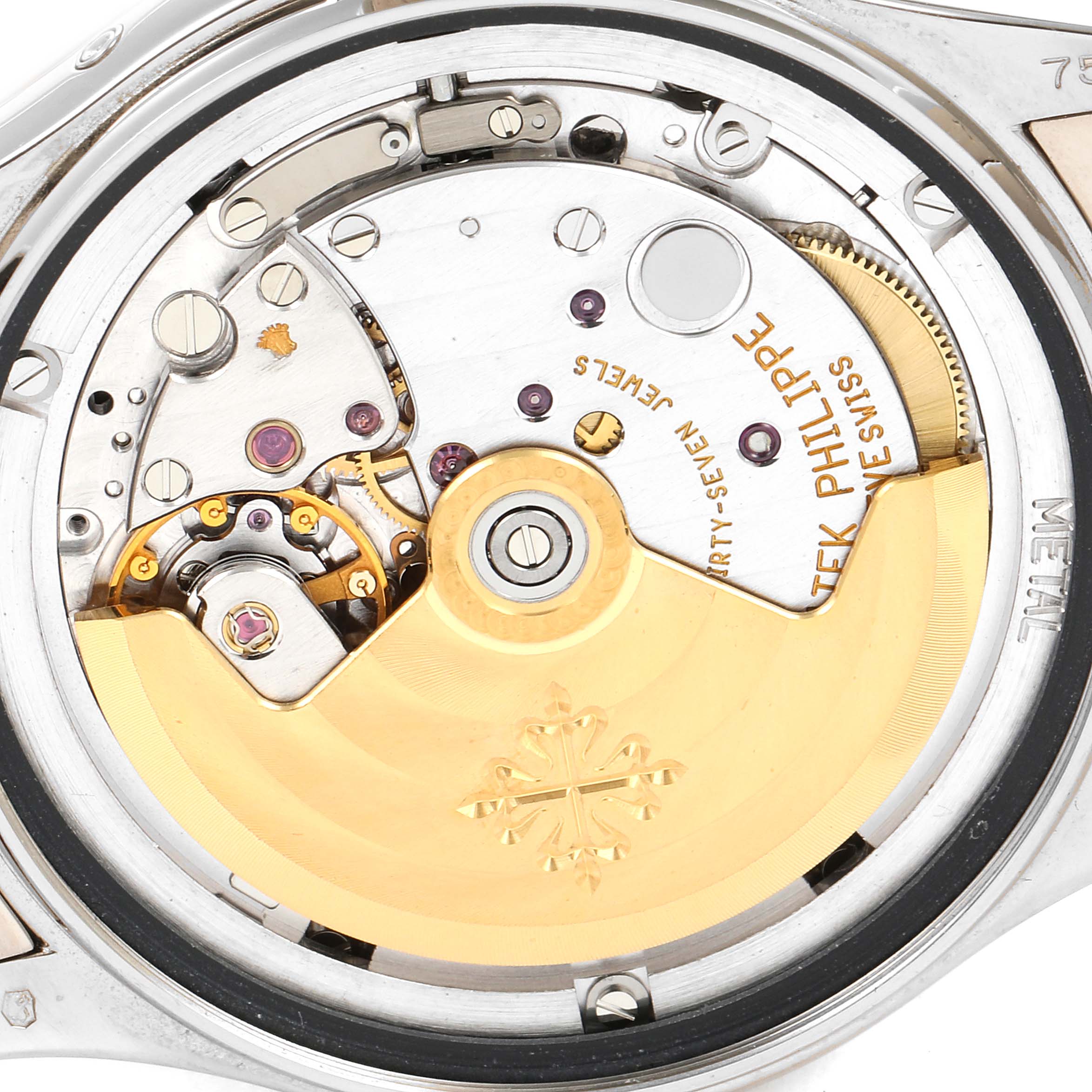 The image shows the backside of the Patek Philippe 5036/1G Men
s White Gold Black Dial 5036/1G Men
s White Gold Black Dial Annual Calendar Moonphase White Gold Men
s Watch 5036, highlighting the movement and rotor.