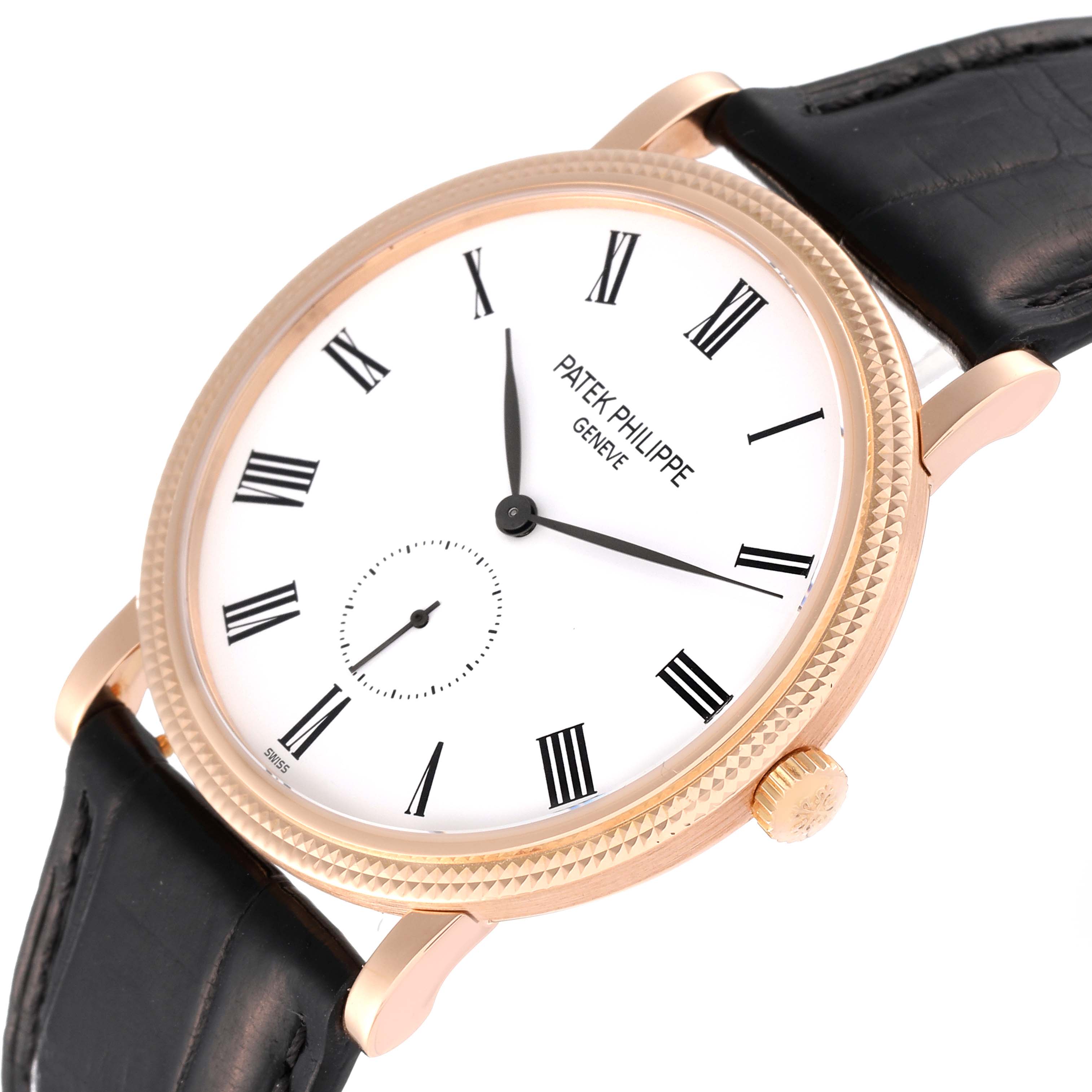 The image shows a Patek Philippe Calatrava 5119R Men's Rose Gold White Dial 5119R Men's Rose Gold White Dial watch from a slightly tilted top-down angle, displaying the face, crown, and strap.