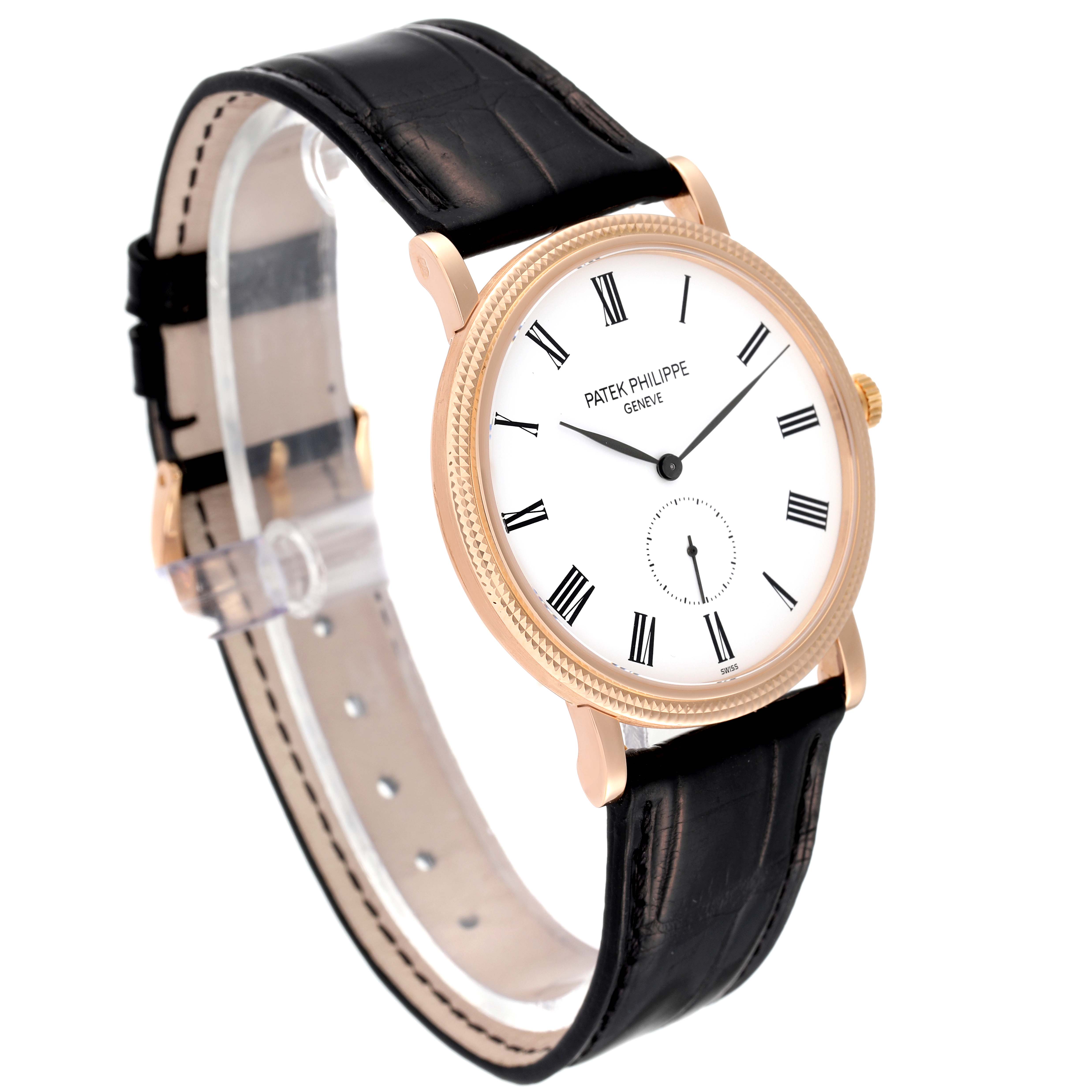This is a front angled view of a Patek Philippe Calatrava 5119R Men's Rose Gold White Dial 5119R Men's Rose Gold White Dial watch, showcasing its dial, case, and leather strap.