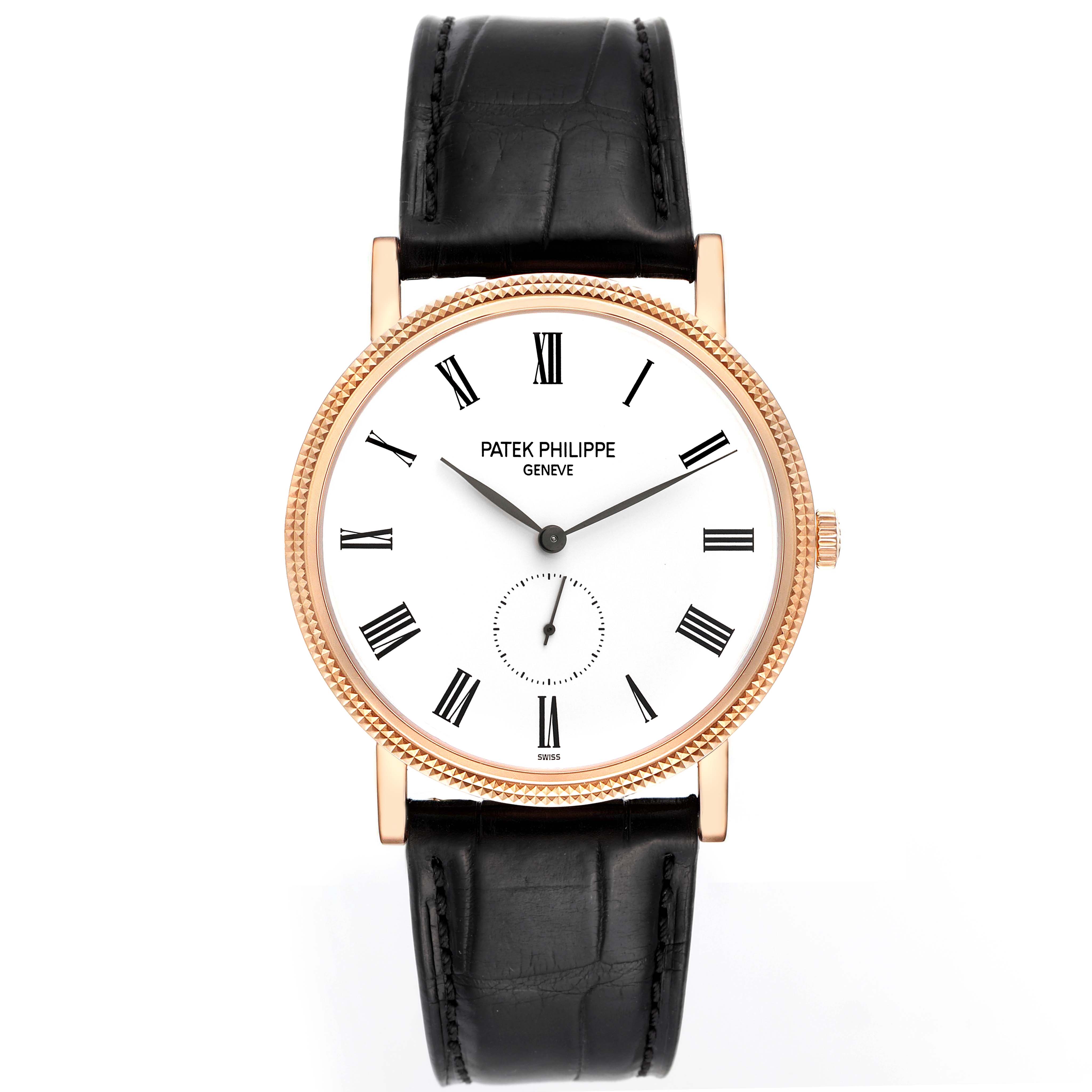 The image shows a frontal view of a Patek Philippe Calatrava 5119R Men's Rose Gold White Dial 5119R Men's Rose Gold White Dial model watch with a black leather strap and a white dial with Roman numerals.