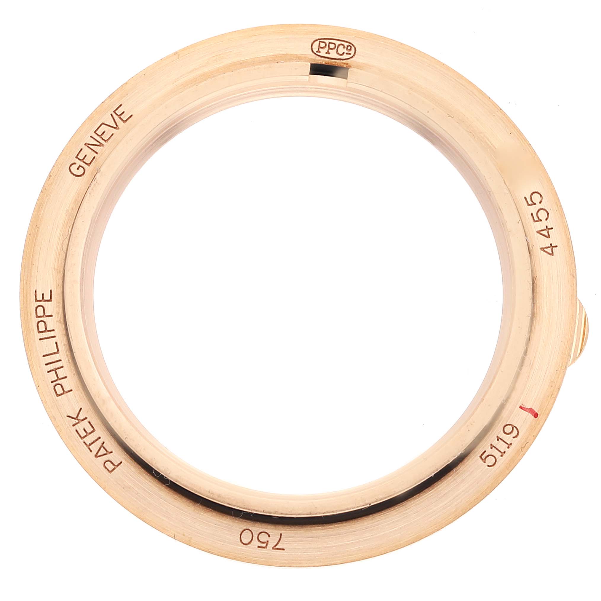 This image shows the bezel of the Patek Philippe Calatrava 5119R Men's Rose Gold White Dial 5119R Men's Rose Gold White Dial model, viewed from directly above.