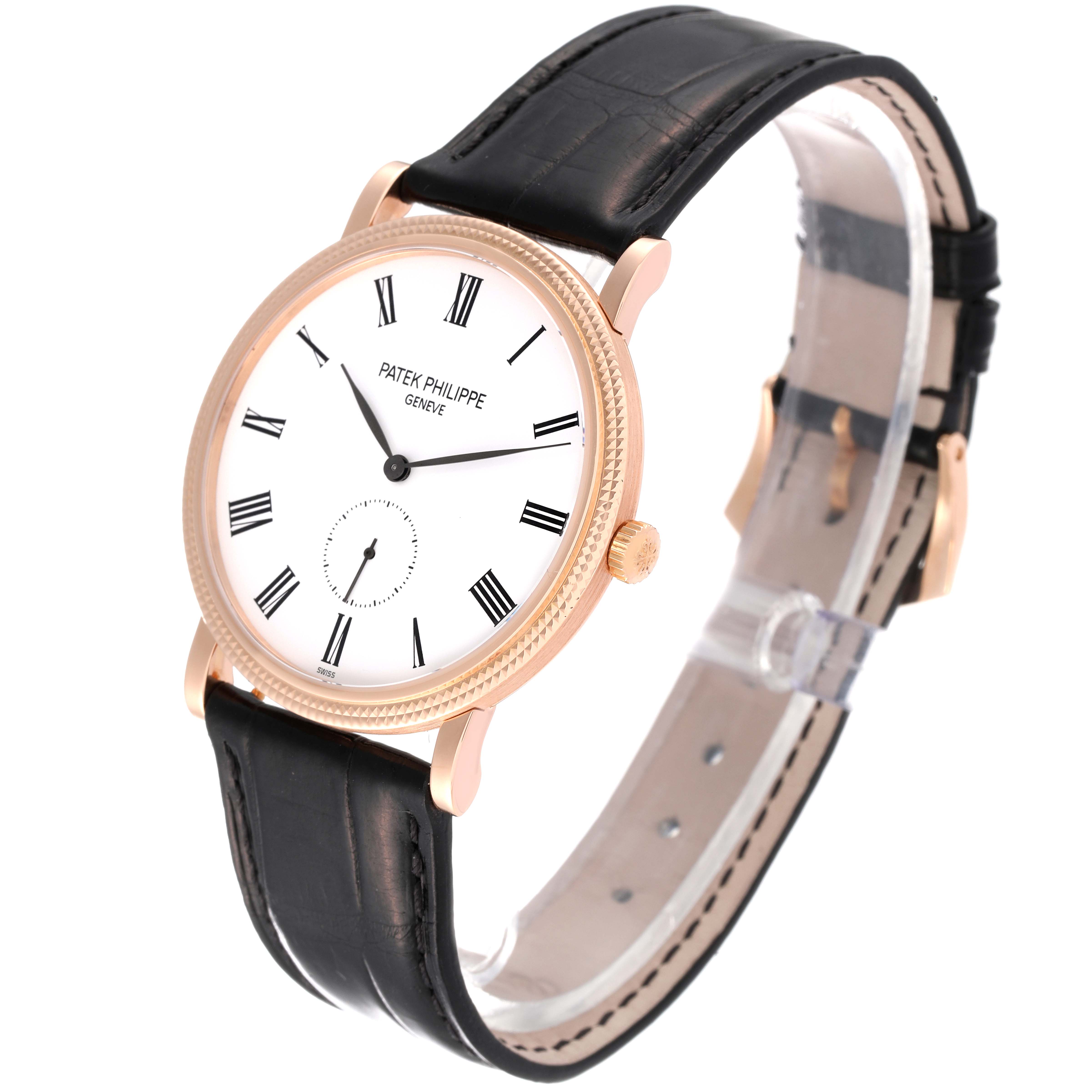 The image shows a Patek Philippe Calatrava 5119R Men's Rose Gold White Dial 5119R Men's Rose Gold White Dial watch at a 3/4 angle, highlighting its face, crown, and black leather strap.
