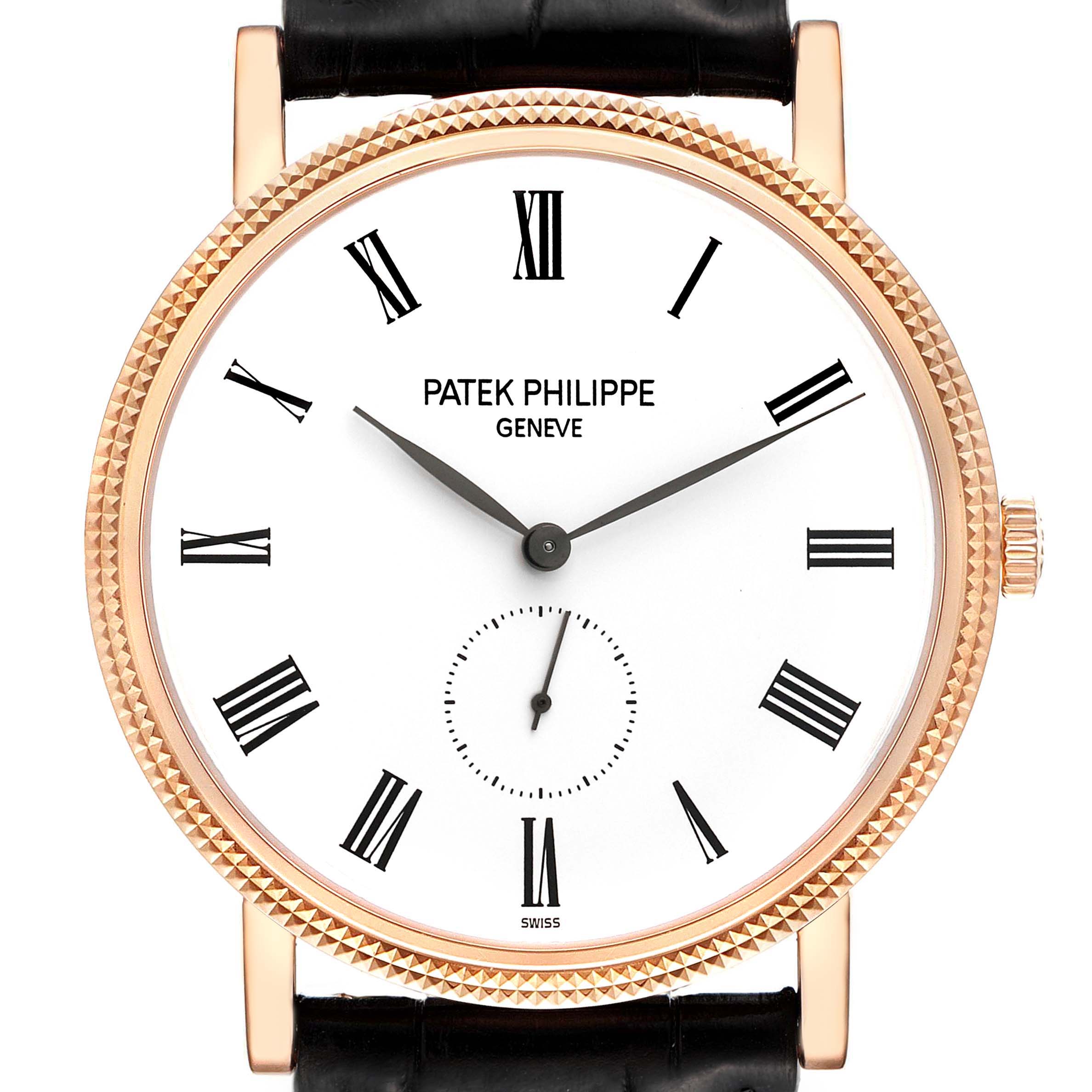 The image shows a front view of a Patek Philippe Calatrava 5119R Men's Rose Gold White Dial 5119R Men's Rose Gold White Dial watch featuring a white dial with Roman numerals and a black leather strap.