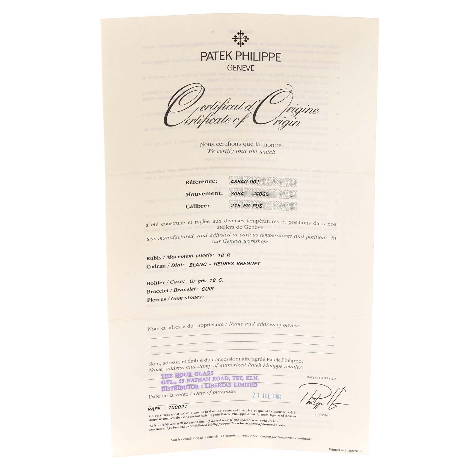 The image shows a Certificate of Origin for a Patek Philippe Calatrava 4864G Women's White Gold White Dial 4864G Women's White Gold White Dial model watch, detailing its specifications.