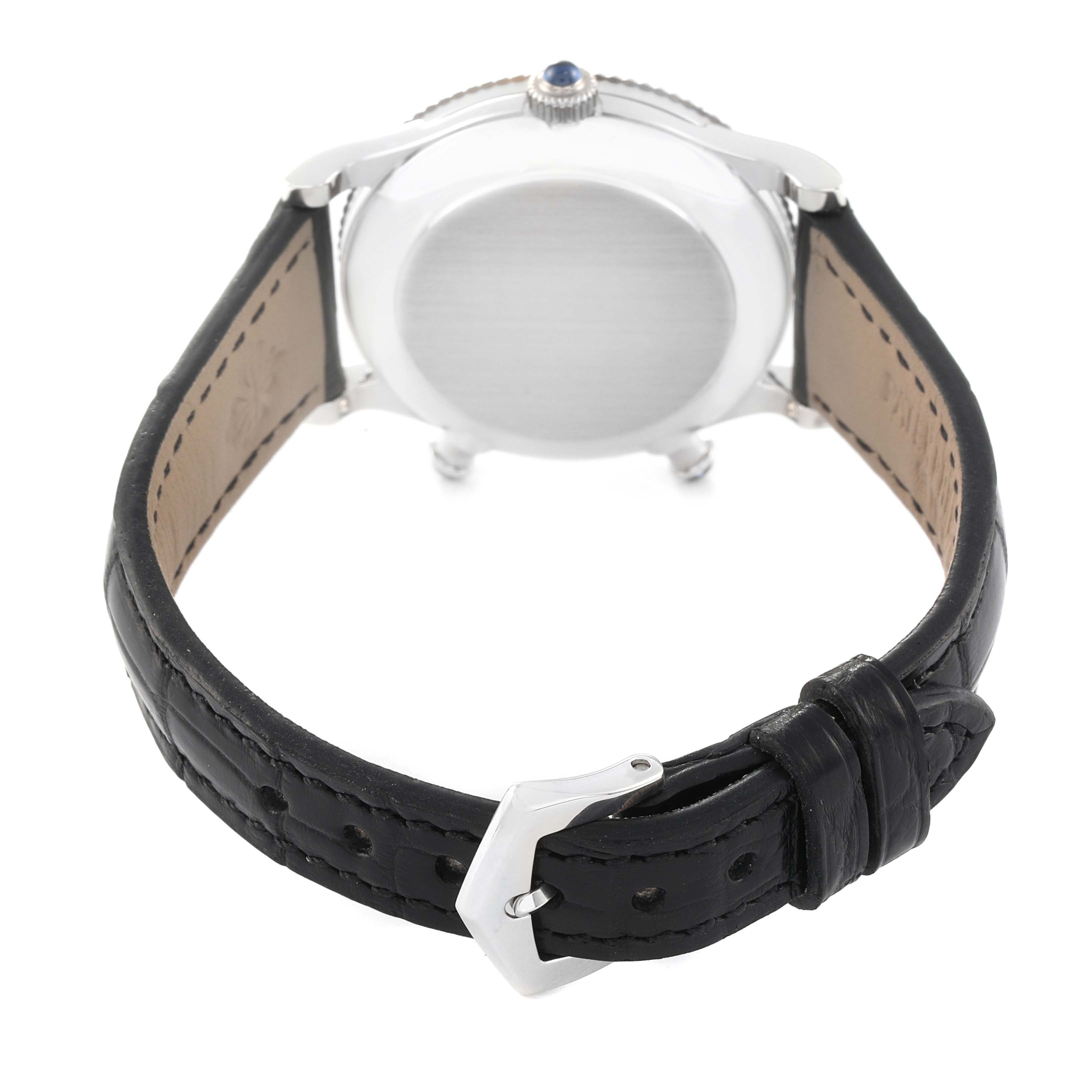 The image shows the back view of the Patek Philippe Calatrava 4864G Women's White Gold White Dial 4864G Women's White Gold White Dial with a black leather strap and a closed case back.