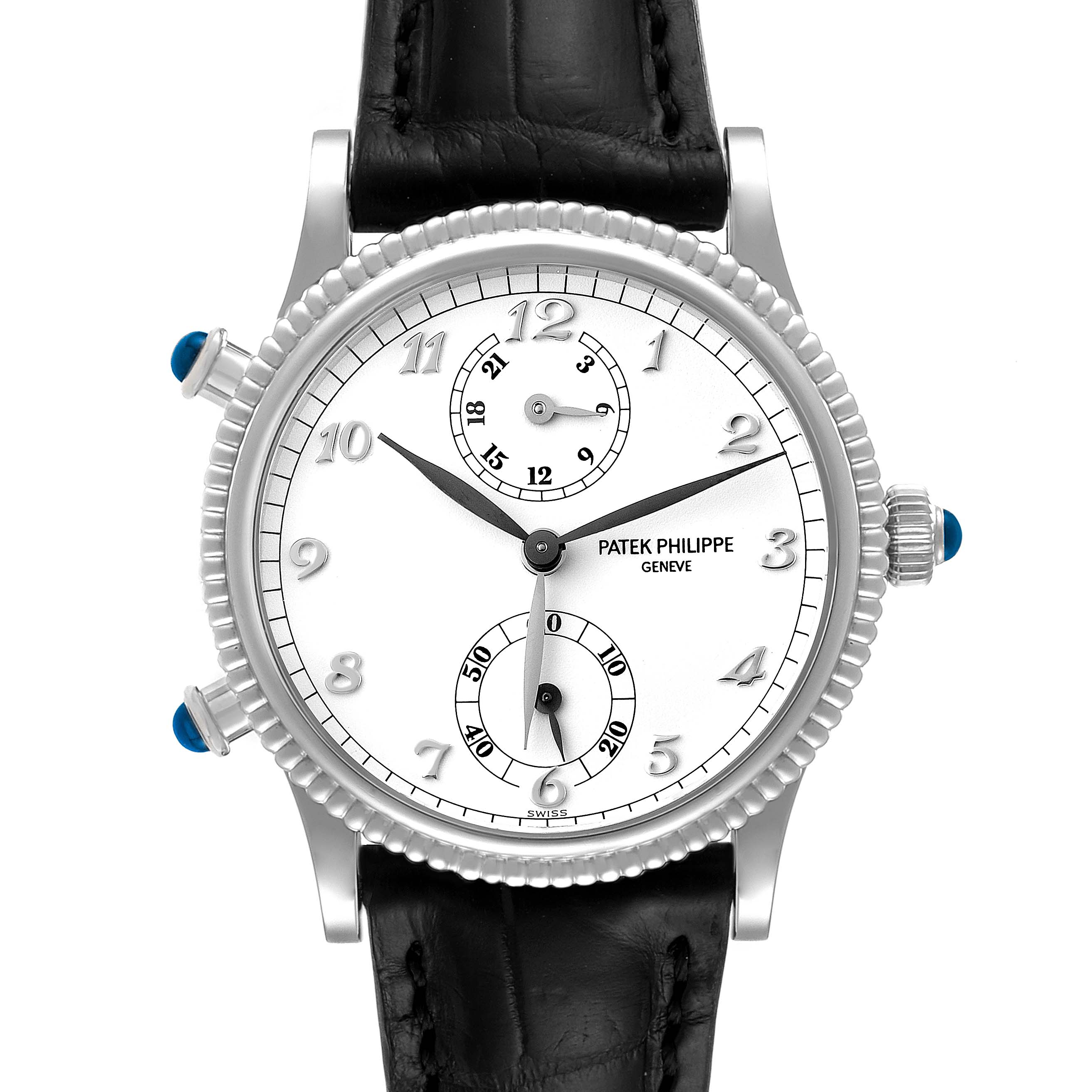 This image shows a front view of a Patek Philippe Calatrava 4864G Women's White Gold White Dial 4864G Women's White Gold White Dial watch, highlighting its white dial, Arabic numerals, sub-dials, and black leather strap.