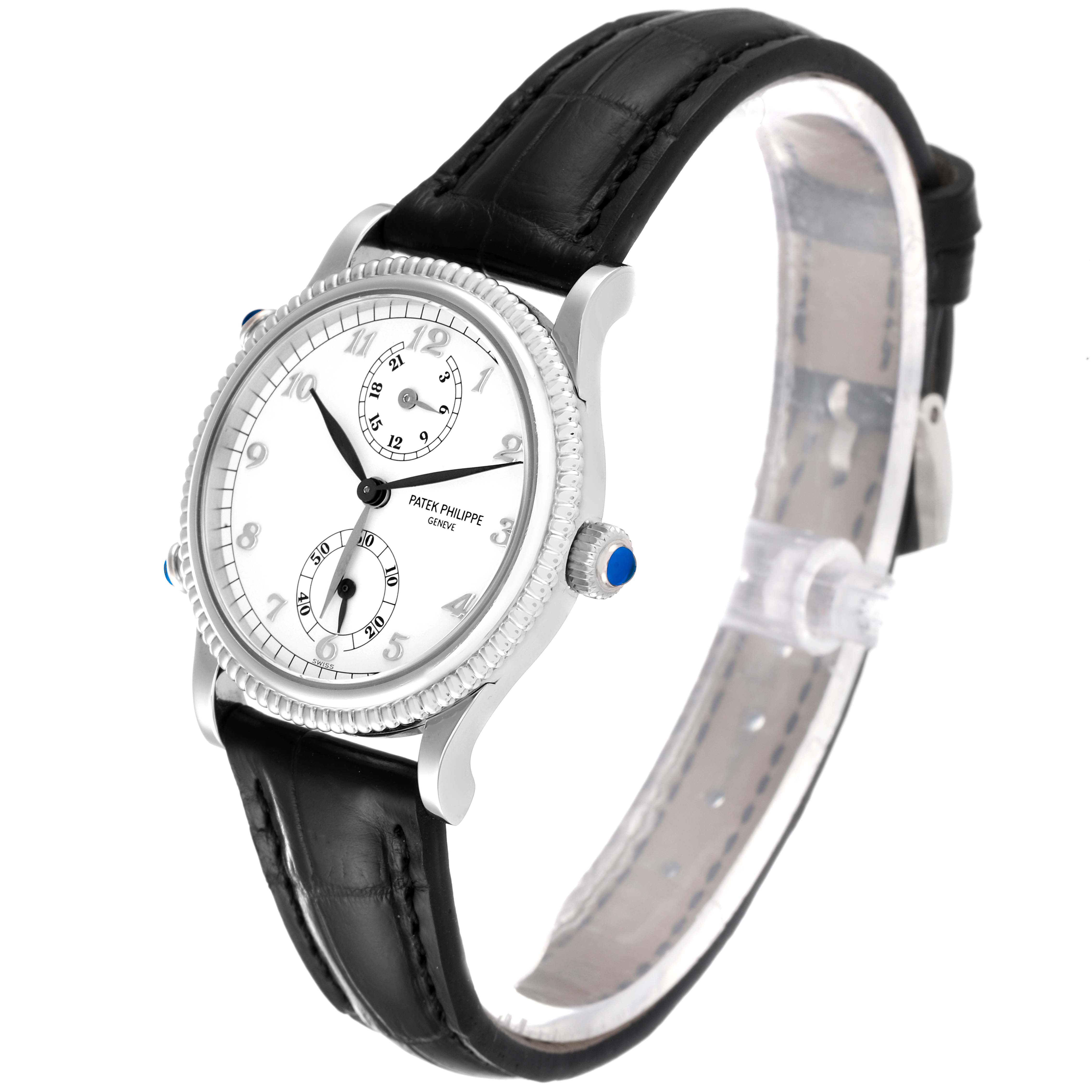 The Patek Philippe Calatrava 4864G Women's White Gold White Dial 4864G Women's White Gold White Dial watch is shown at a slight angle, highlighting the dial, crown, and black leather strap.