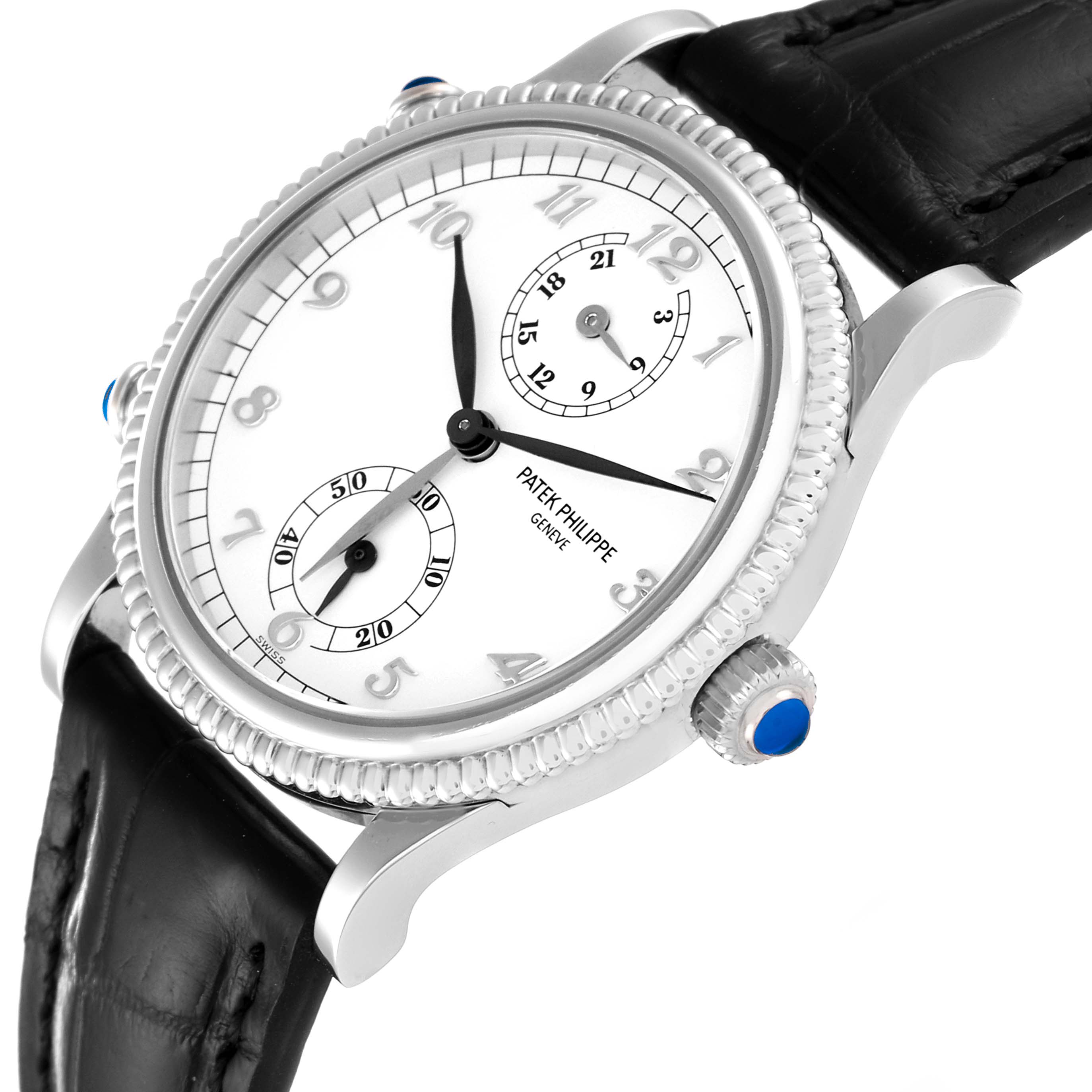 This image shows a Patek Philippe Calatrava 4864G Women's White Gold White Dial 4864G Women's White Gold White Dial watch at a slight angle, highlighting the face, numbers, crown, and part of the strap.