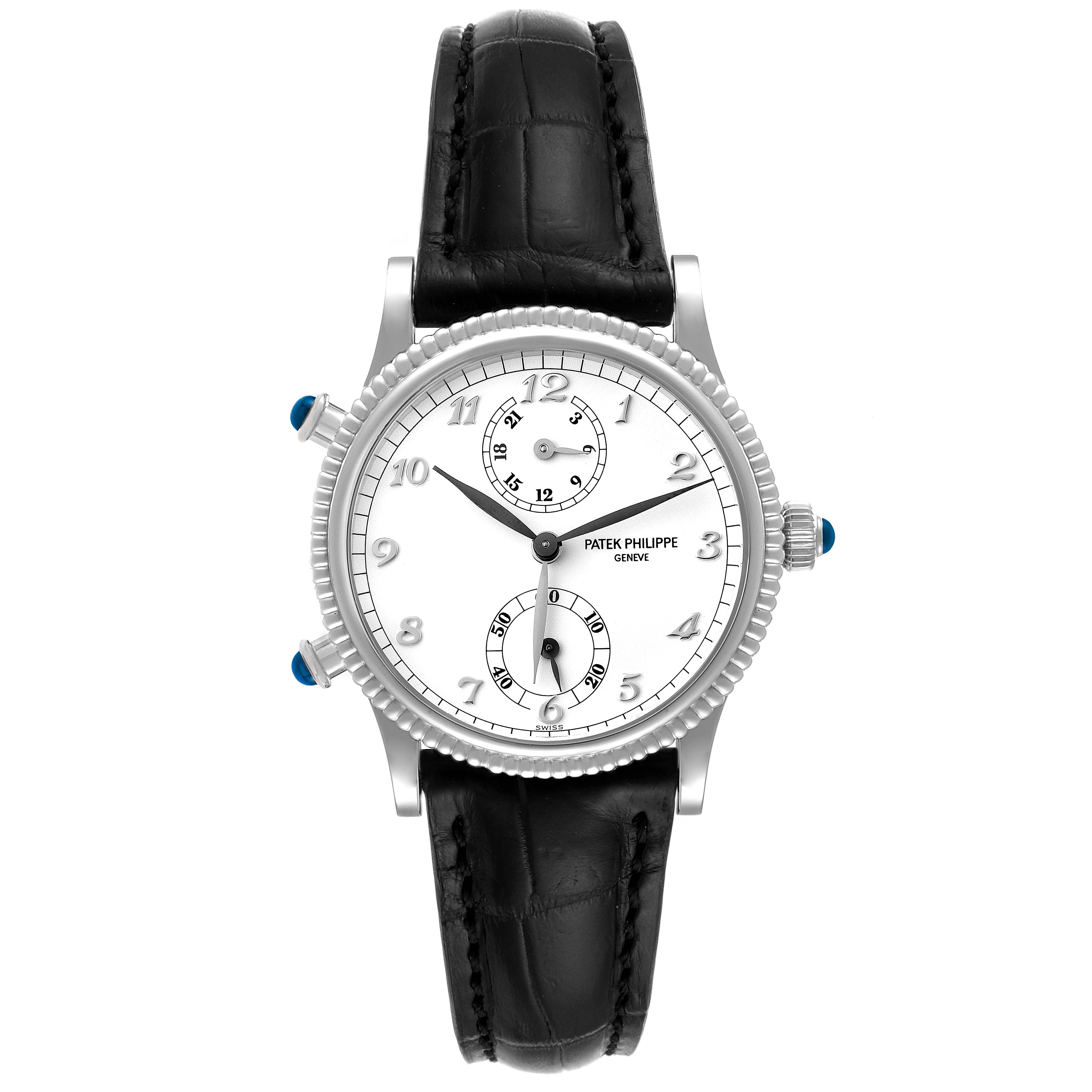 The image shows a frontal view of a Patek Philippe Calatrava 4864G Women's White Gold White Dial 4864G Women's White Gold White Dial watch, displaying the entire watch face and leather strap.