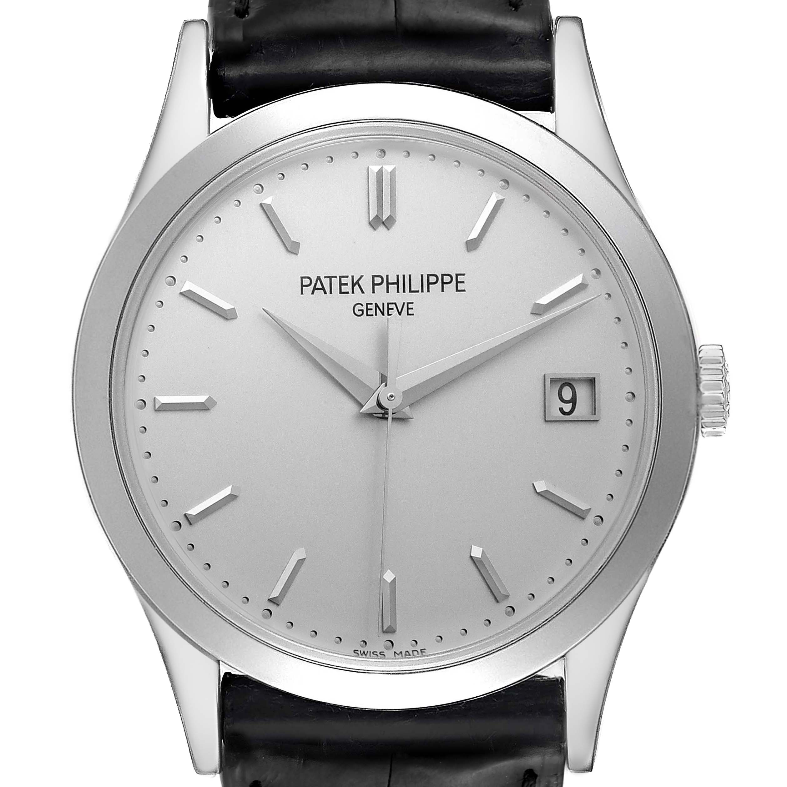 The image shows a front view of the Patek Philippe Calatrava 5296G-010 Men's White Gold Silver Dial 5296G-010 Men's White Gold Silver Dial watch, highlighting the dial, hands, and date window.