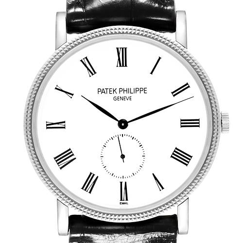 The image shows a front view of a Patek Philippe Calatrava watch, highlighting its white dial, Roman numerals, and black leather strap.