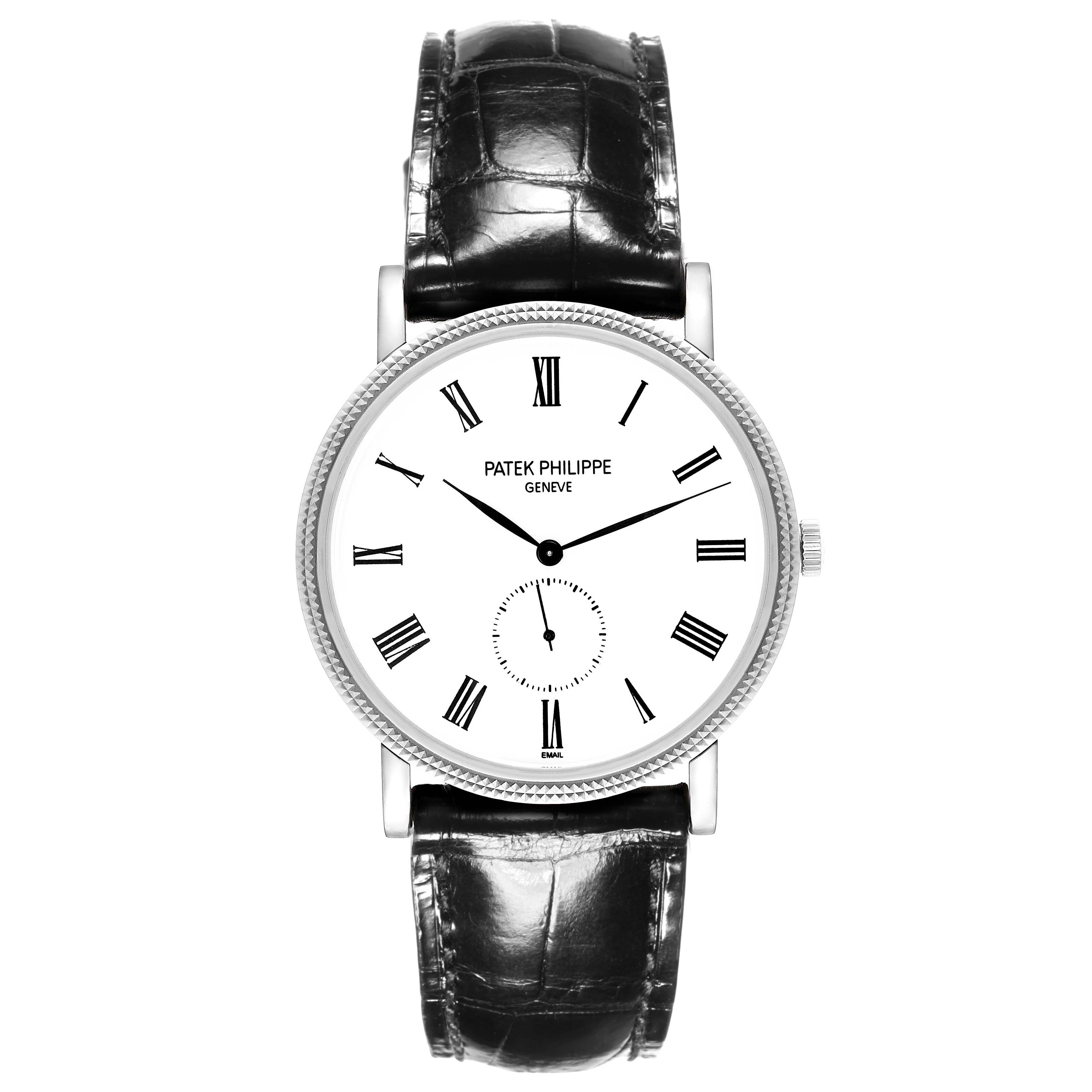 The image shows a front view of a Patek Philippe Calatrava 5116G Men
s White Gold White Dial 5116G Men
s White Gold White Dial watch, highlighting its dial, Roman numerals, and black leather strap.