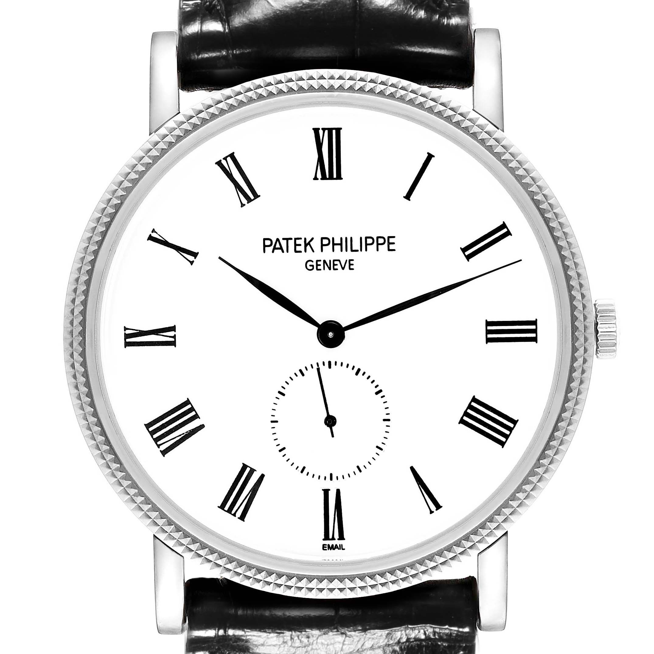 This image shows the face of a Patek Philippe Calatrava 5116G Men
s White Gold White Dial 5116G Men
s White Gold White Dial watch, featuring Roman numerals, a small seconds sub-dial, and a textured bezel.