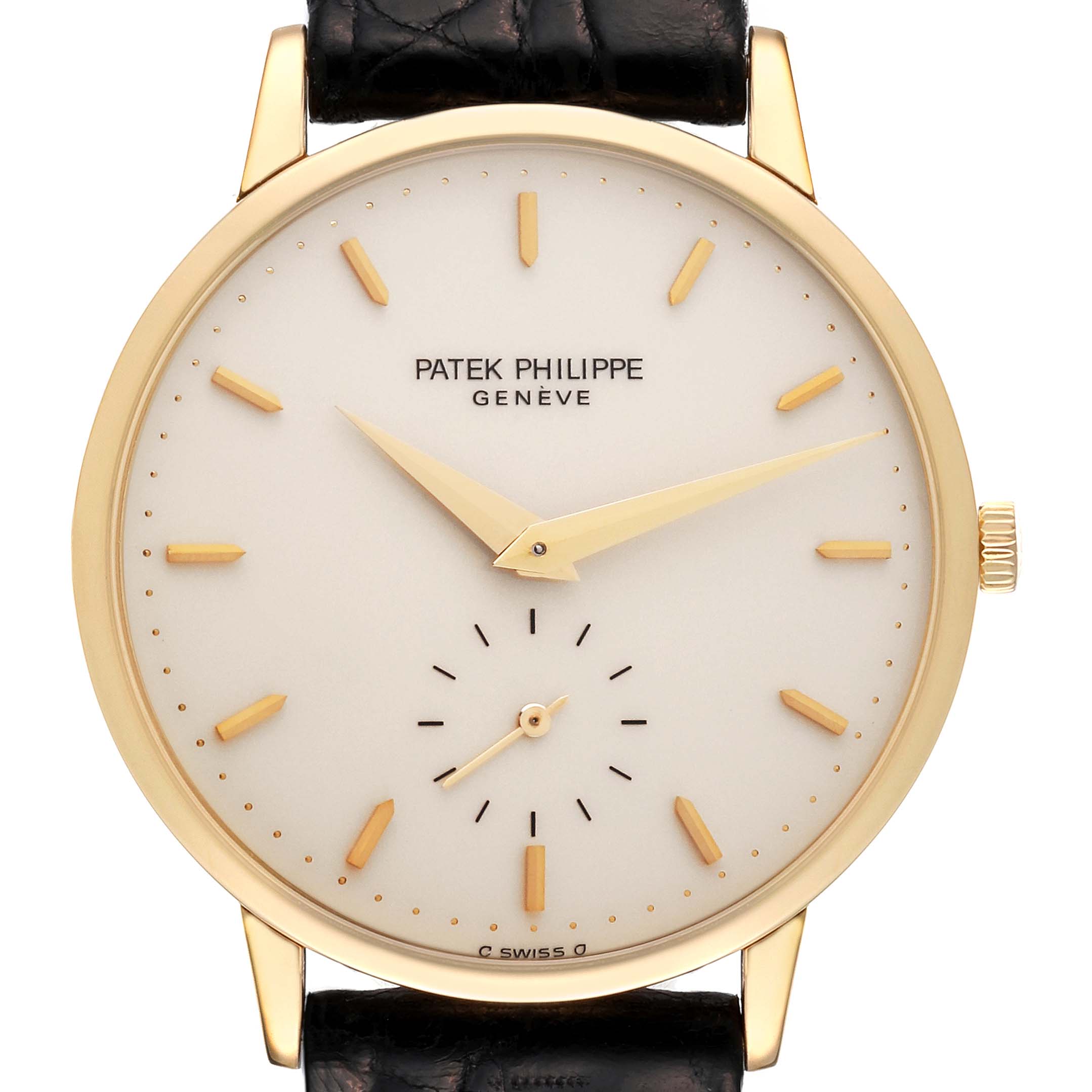 The image shows a frontal view of the Patek Philippe Calatrava 3893/1 Men's Yellow Gold White Dial 3893/1 Men's Yellow Gold White Dial watch, displaying its face, hands, markers, and strap attachment points.