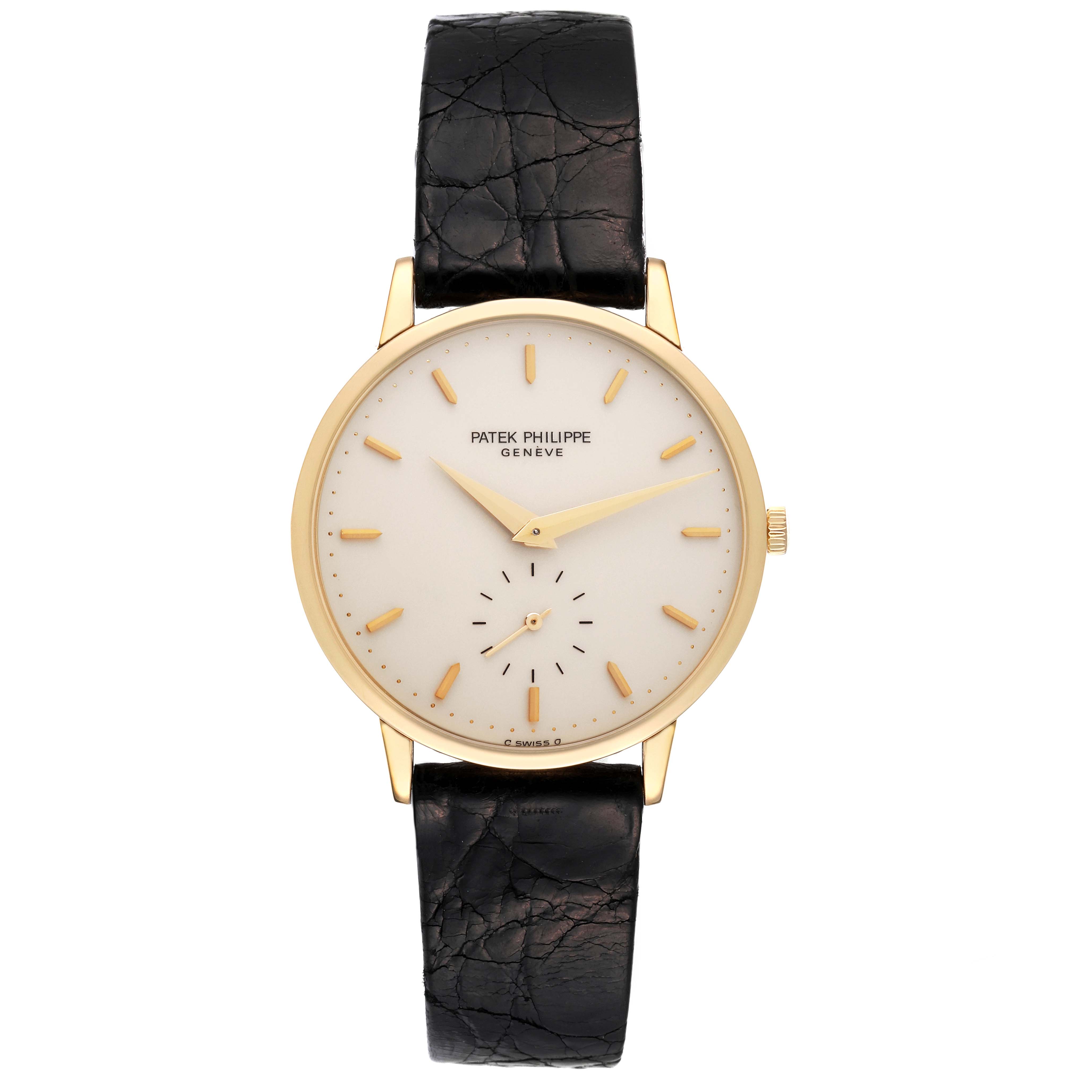 The image shows a front view of the Patek Philippe Calatrava 3893/1 Men's Yellow Gold White Dial 3893/1 Men's Yellow Gold White Dial watch, highlighting its face, hands, and leather strap.