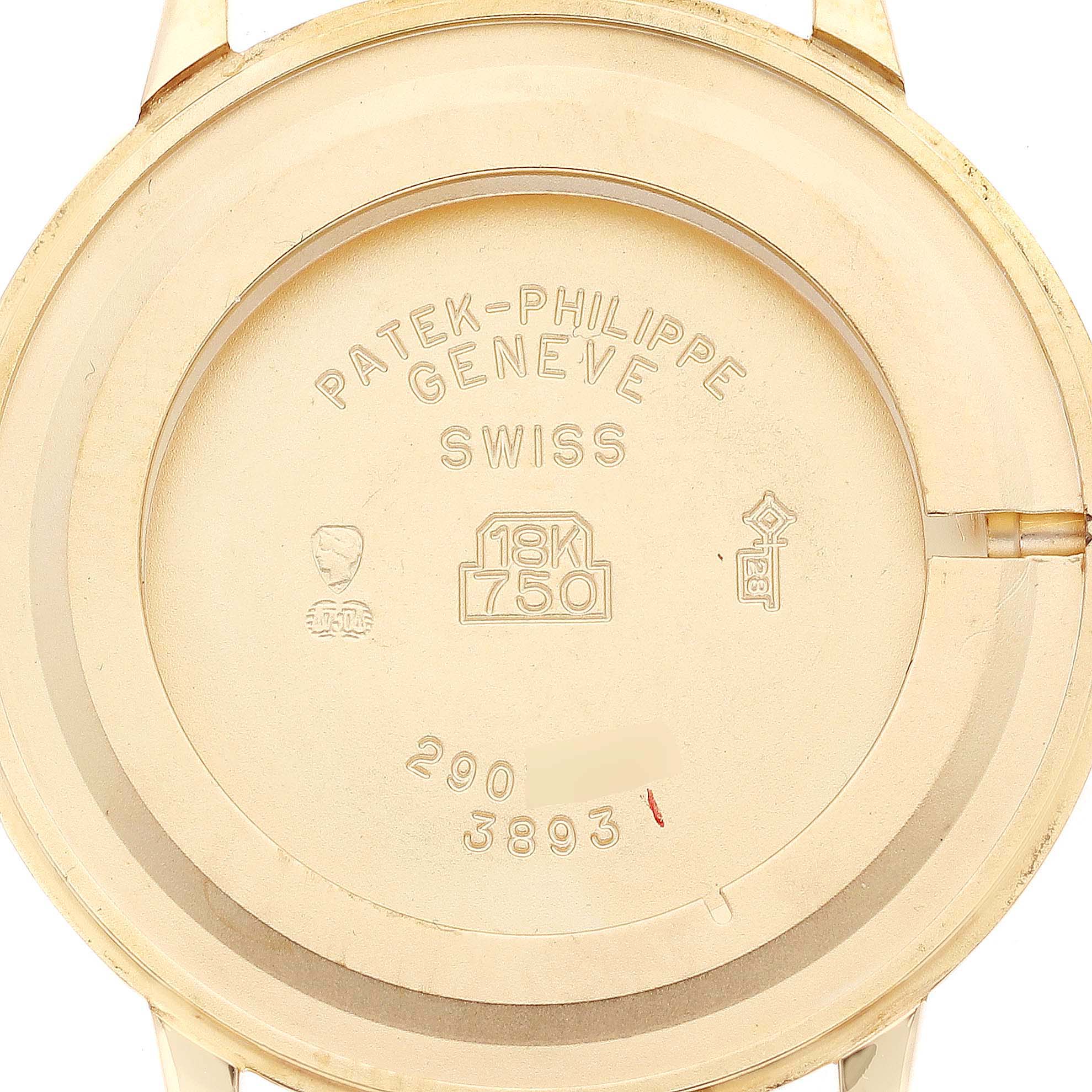 The image shows the back case of a Patek Philippe Calatrava 3893/1 Men's Yellow Gold White Dial 3893/1 Men's Yellow Gold White Dial watch, featuring brand engravings and material details.