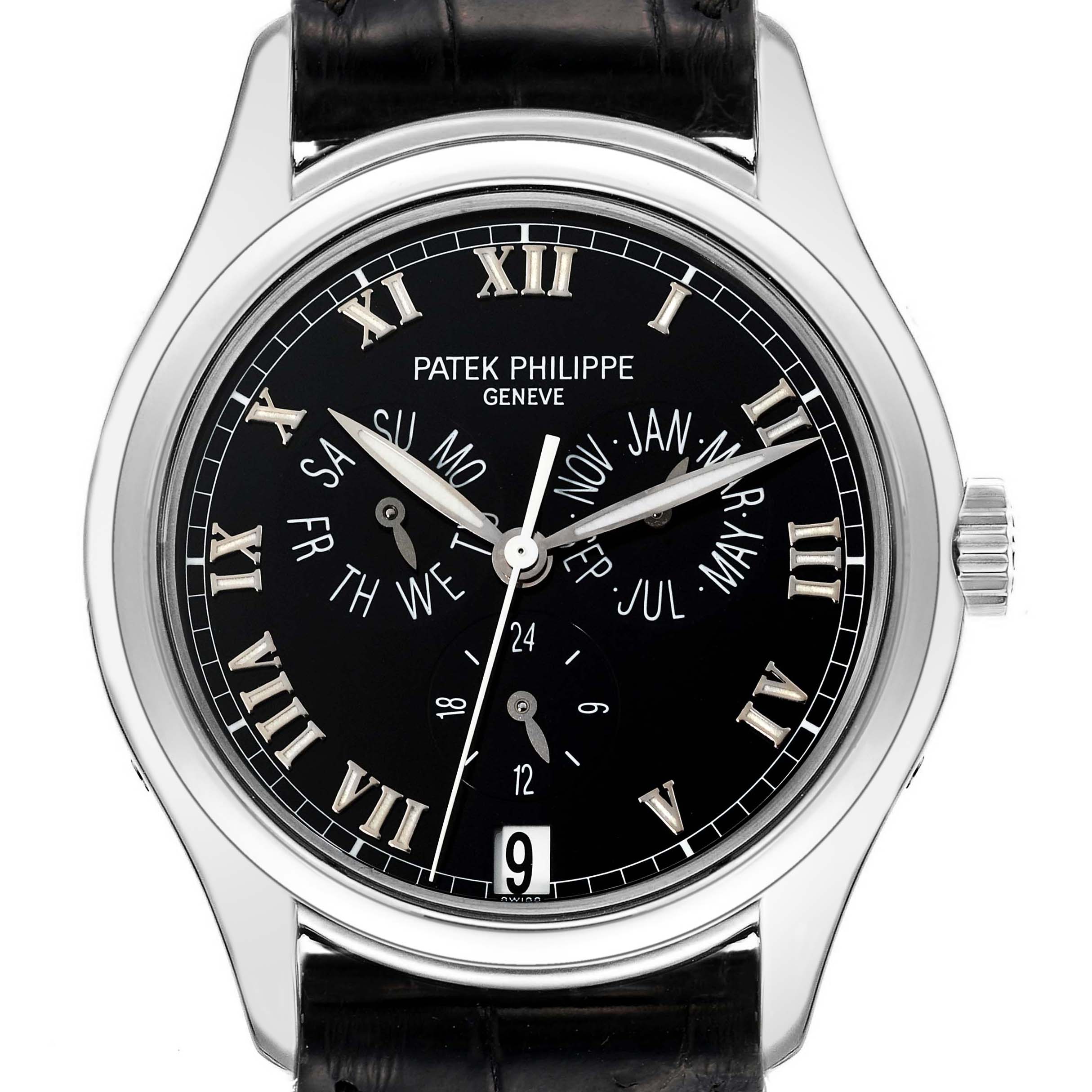 The image shows a front view of a Patek Philippe Complications 5035G Men's White Gold Black Dial 5035G Men's White Gold Black Dial watch displaying the dial, hands, and date window.