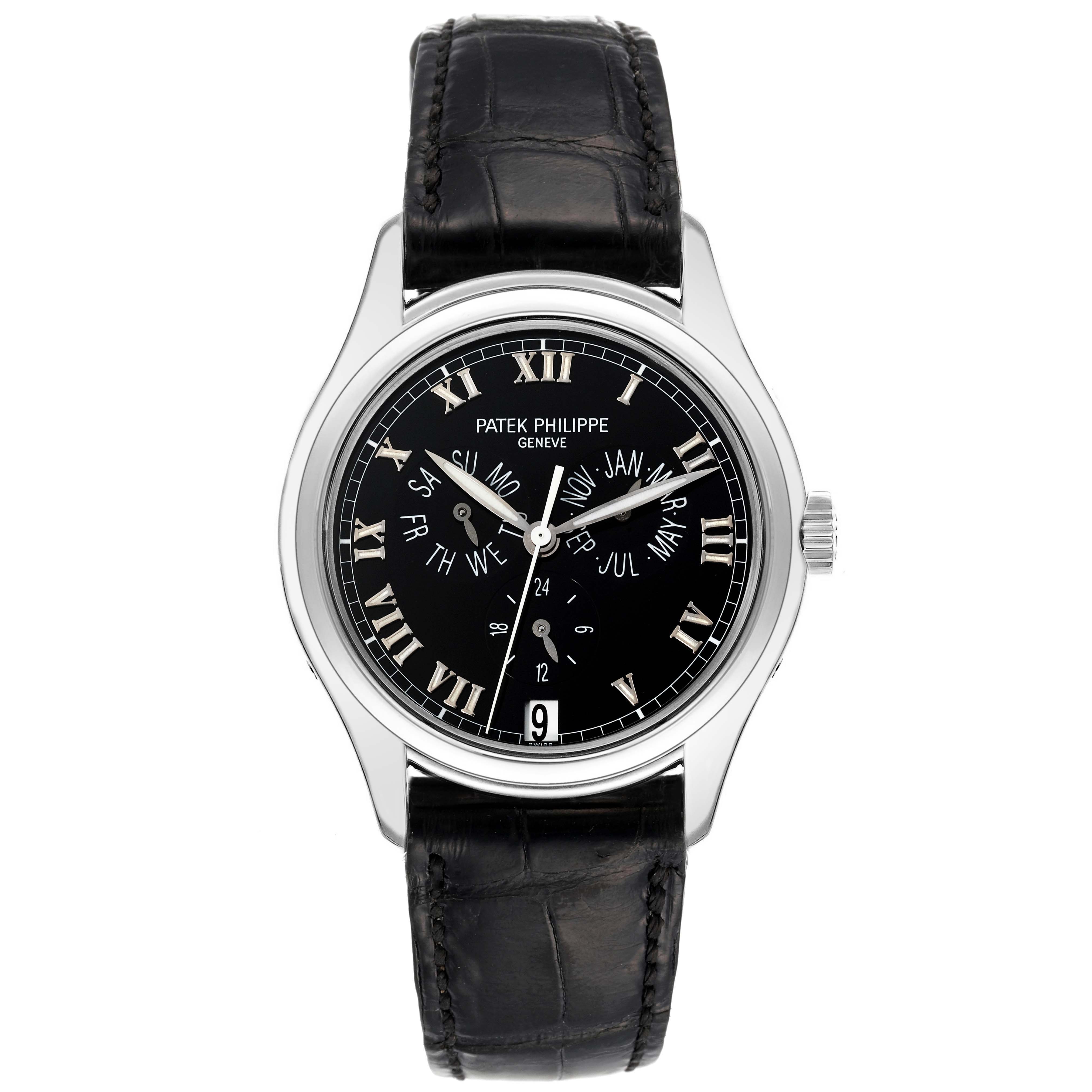 This image shows a front view of the Patek Philippe Complications 5035G Men's White Gold Black Dial 5035G Men's White Gold Black Dial model watch with a black dial and leather strap.