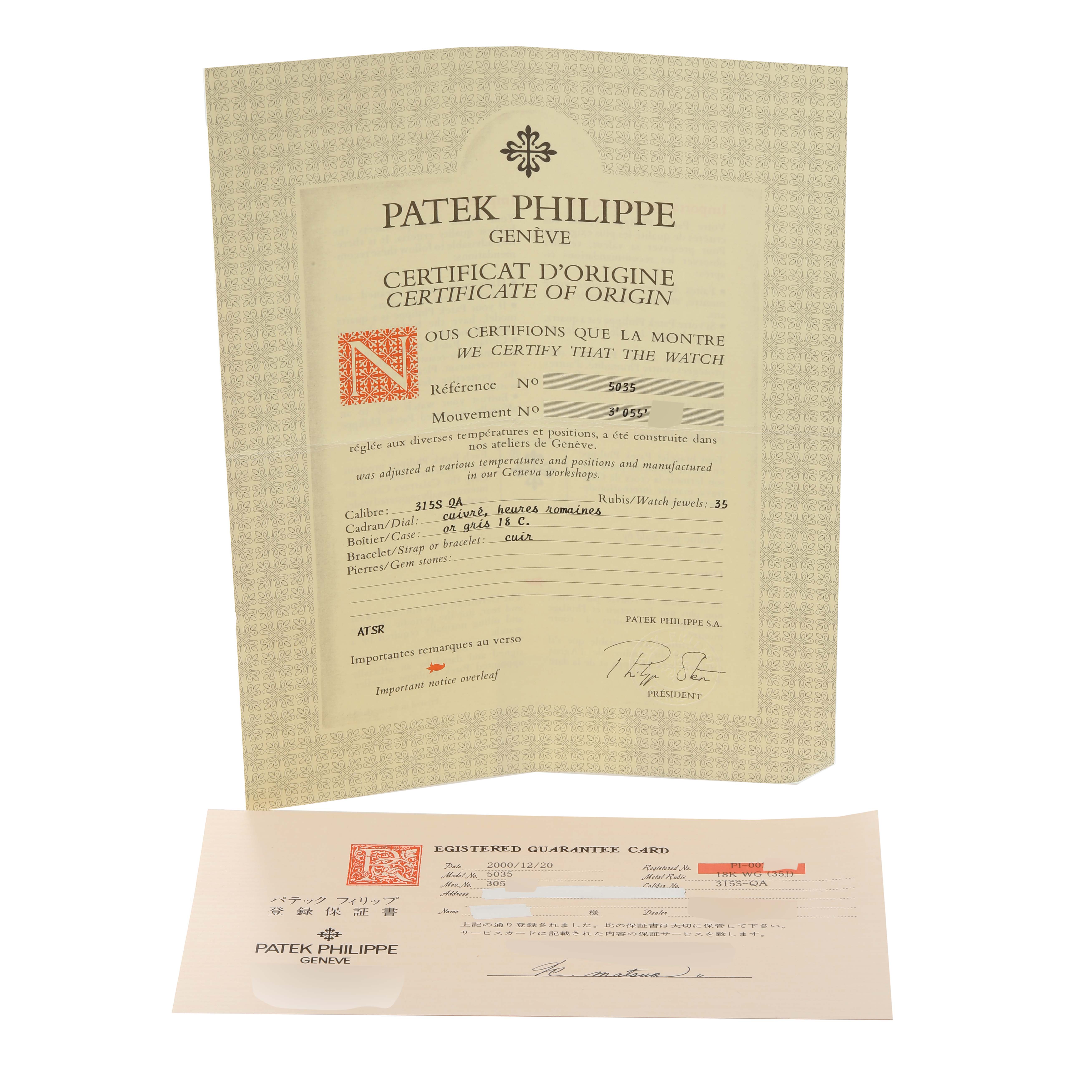 This image shows the certificate of origin and the registered guarantee card for a Patek Philippe Complications 5035G Men's White Gold Black Dial 5035G Men's White Gold Black Dial model watch.