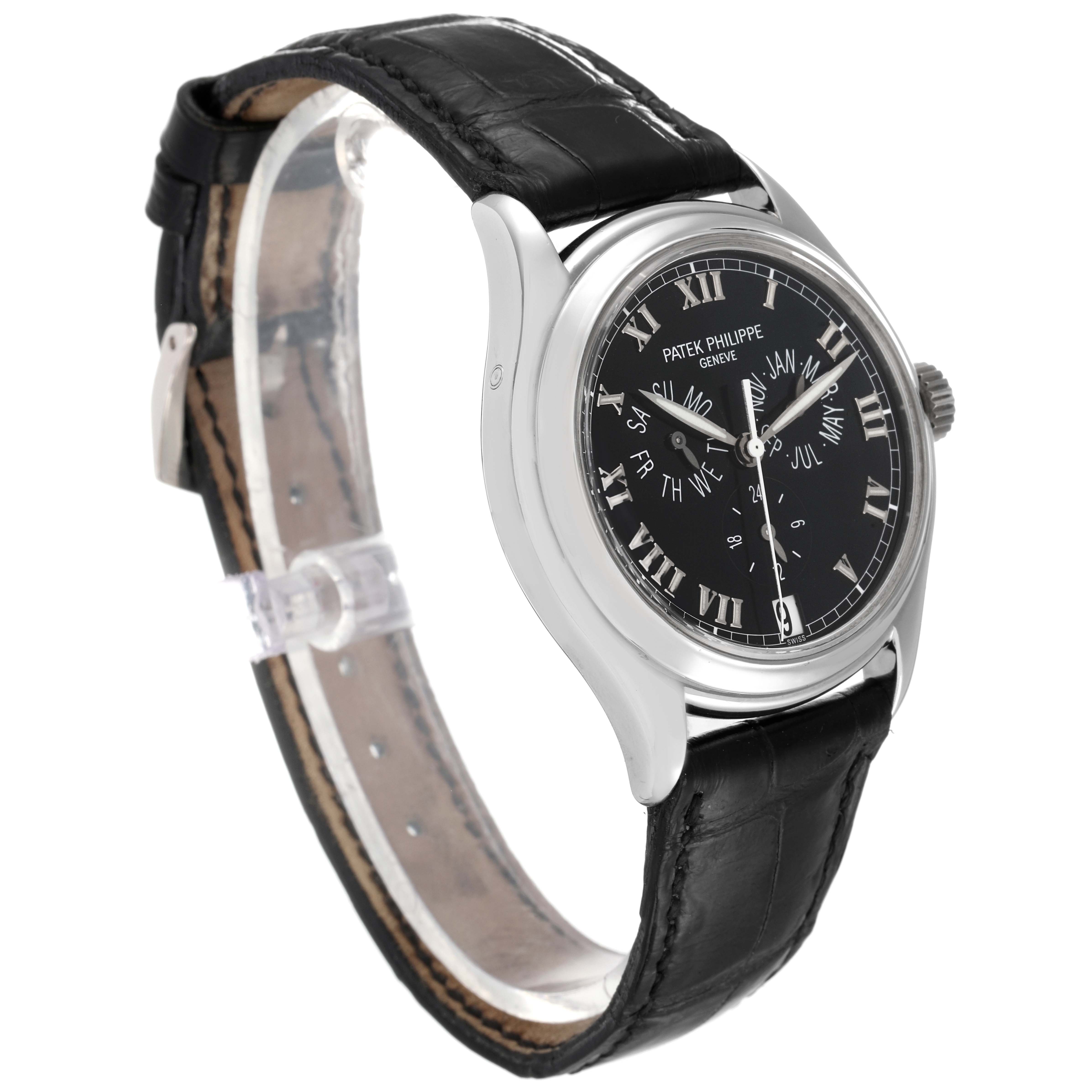 This image shows a Patek Philippe Complications 5035G Men's White Gold Black Dial 5035G Men's White Gold Black Dial model watch at a slight angle featuring its black dial and leather strap.