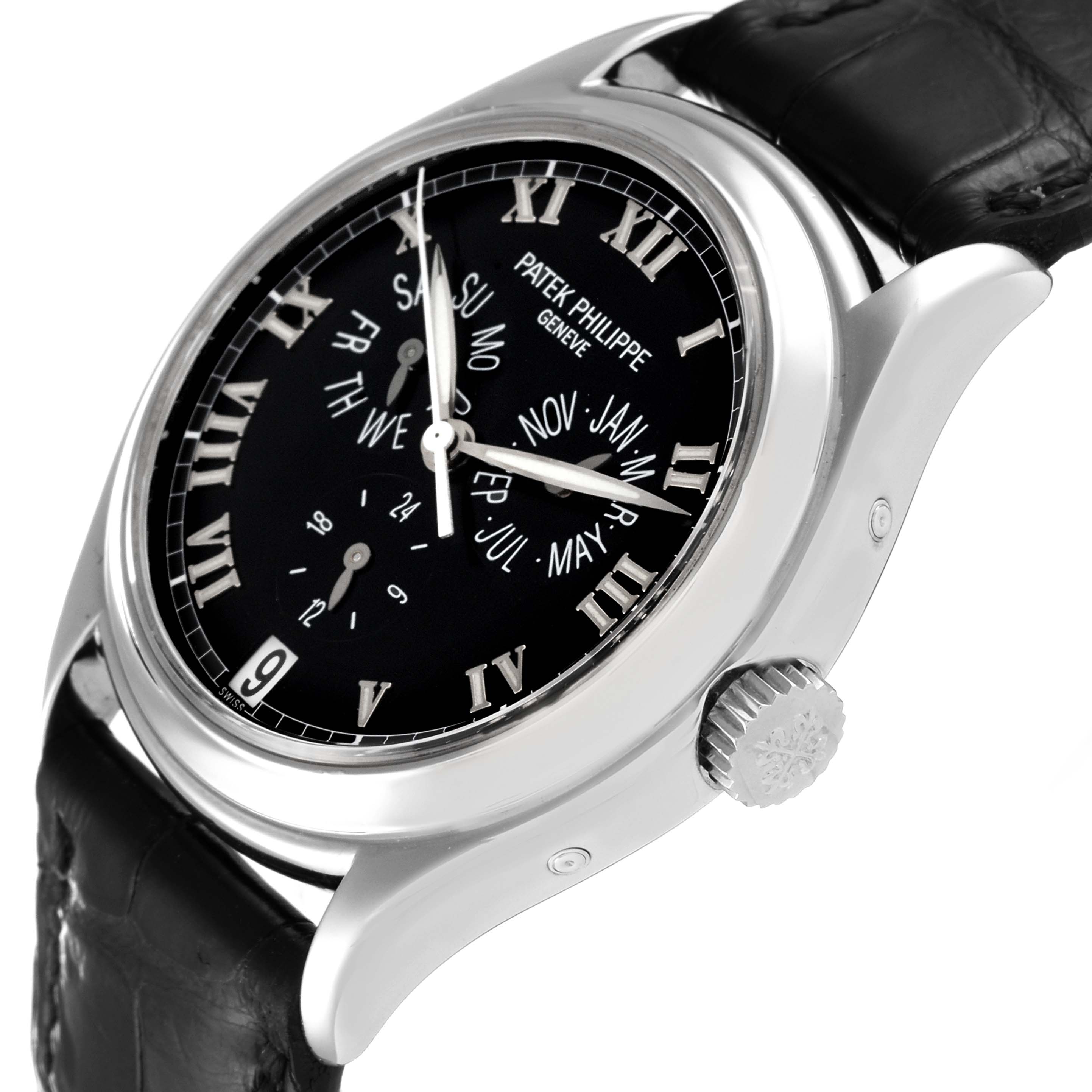 The image shows a side-angle view of a Patek Philippe Complications 5035G Men's White Gold Black Dial 5035G Men's White Gold Black Dial watch, highlighting the case, dial, crown, and leather strap.