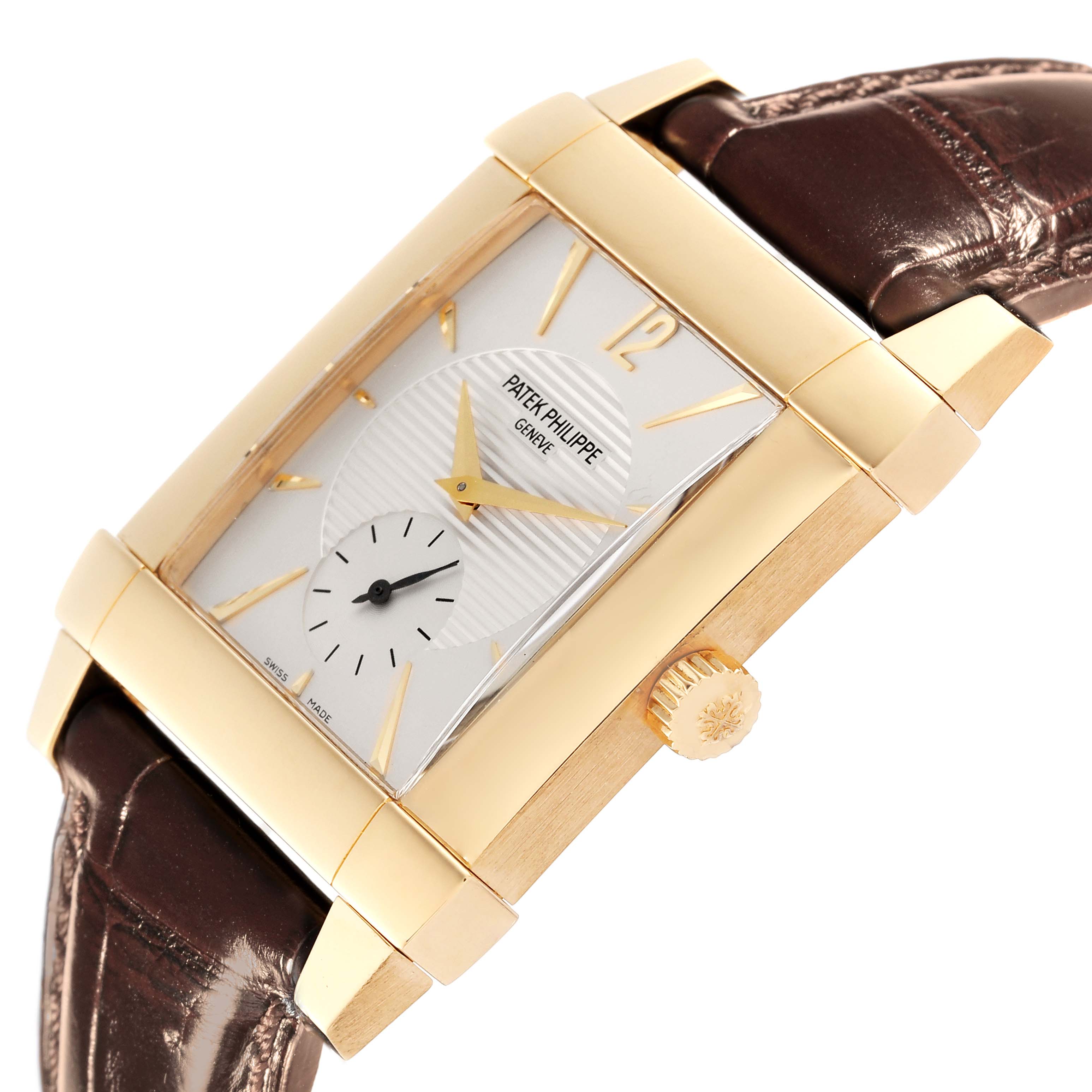 The image shows a Patek Philippe Gondolo 5111J Men's Yellow Gold Silver Dial 5111J Men's Yellow Gold Silver Dial watch at a tilted angle, prominently displaying its face, crown, and leather strap.