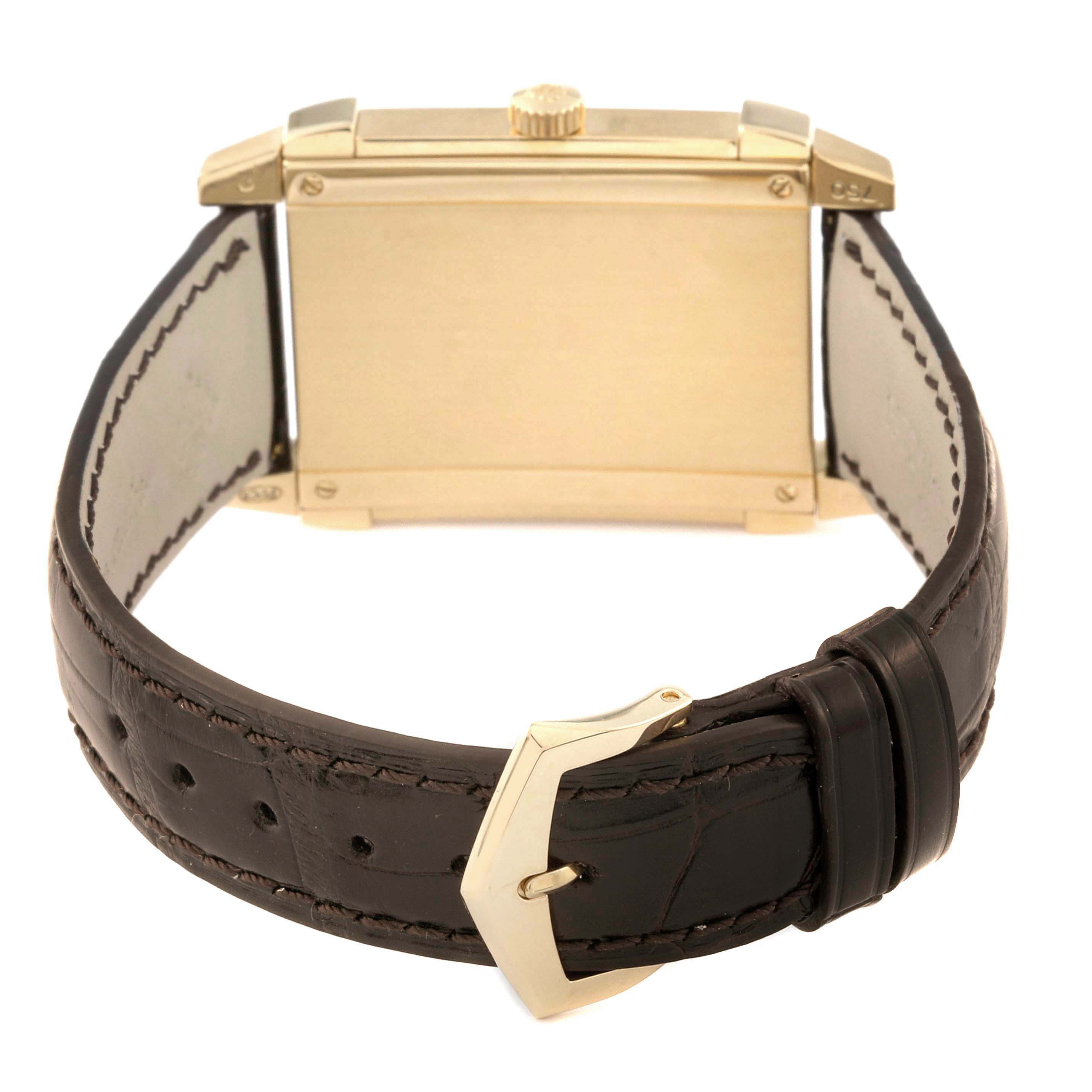 This image shows the back case and strap of the Patek Philippe Gondolo 5111J Men's Yellow Gold Silver Dial 5111J Men's Yellow Gold Silver Dial watch from a rear angle.