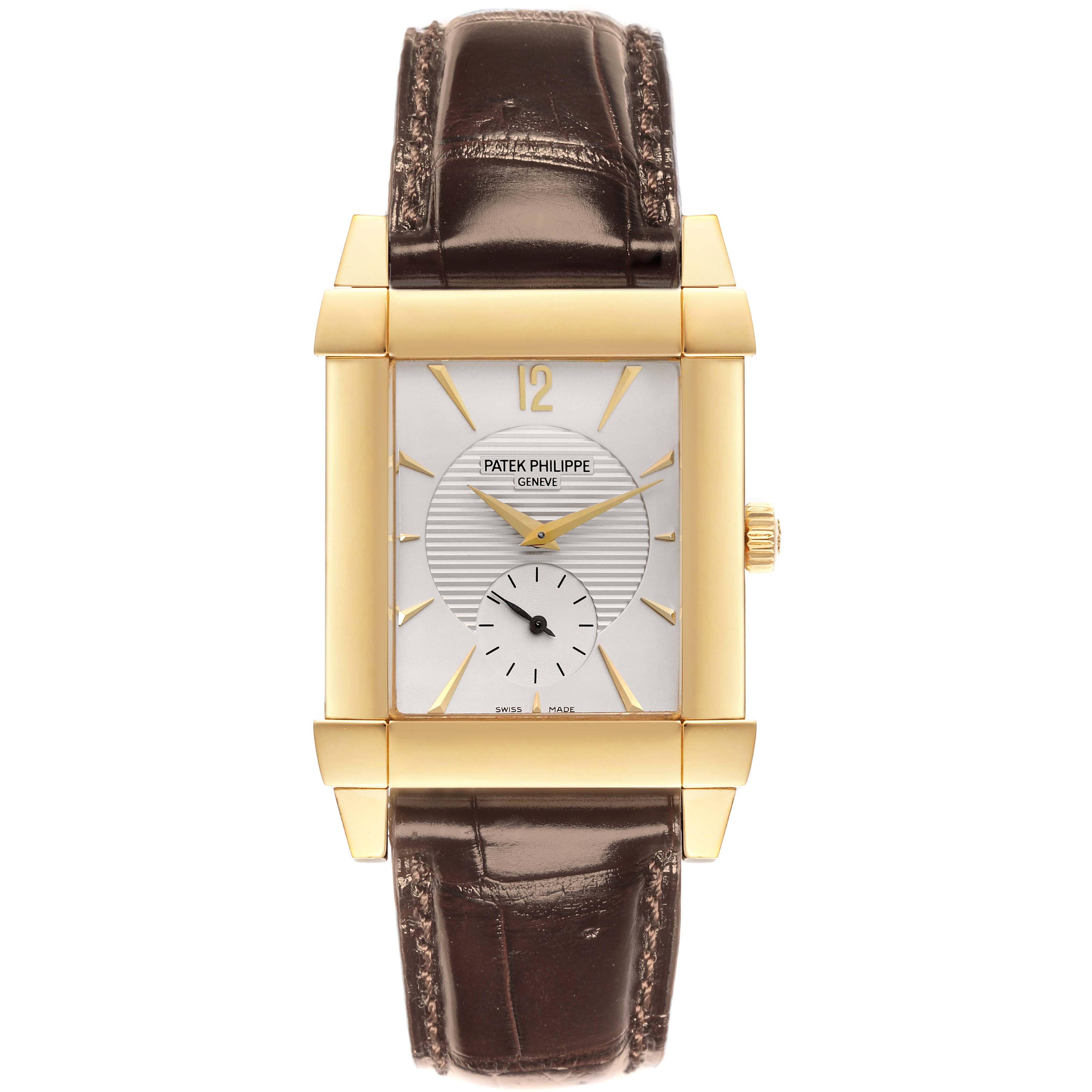 This image shows a front view of the Patek Philippe Gondolo 5111J Men's Yellow Gold Silver Dial 5111J Men's Yellow Gold Silver Dial watch, highlighting its dial, case, and leather strap.